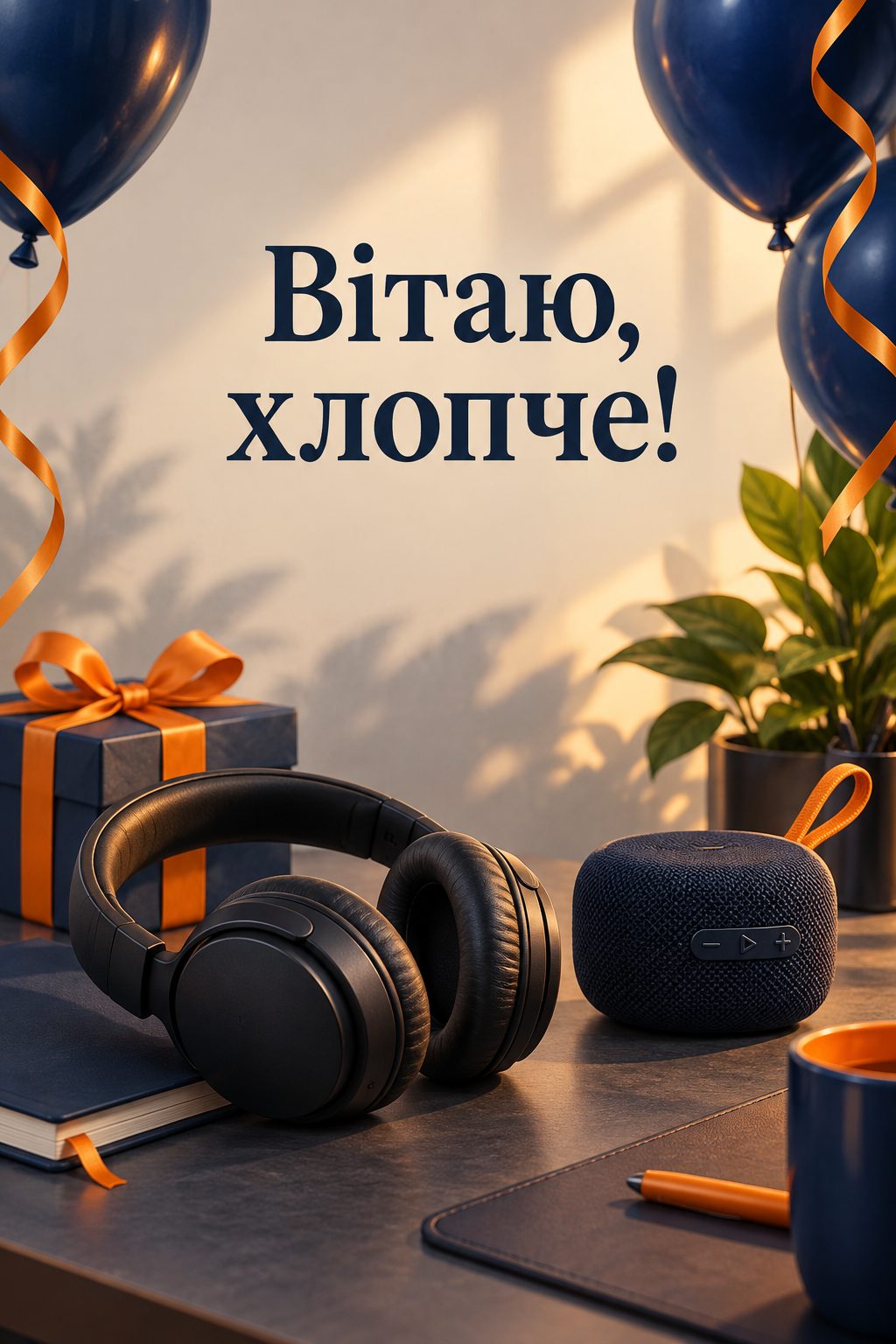 Листівка з днем народження хлопцю: навушники, колонка й сині кульки на столі, напис «Вітаю, хлопче!»