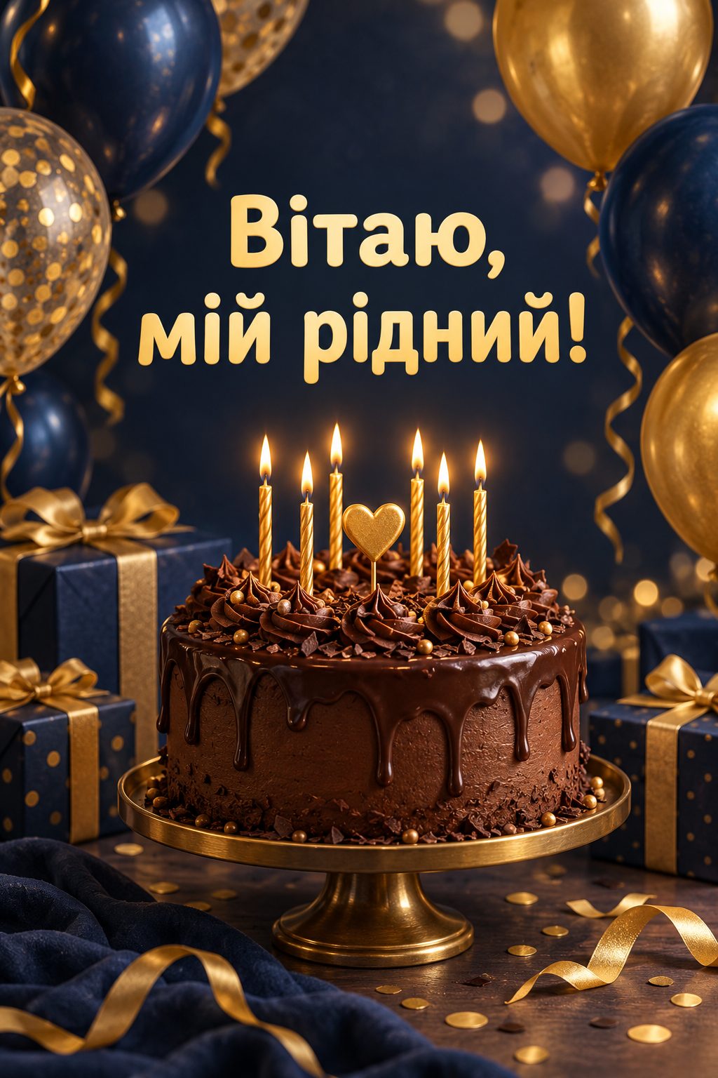 Листівка з днем народження хлопцю: шоколадний торт зі свічками й сині та золоті кульки, напис «Вітаю, мій рідний!»