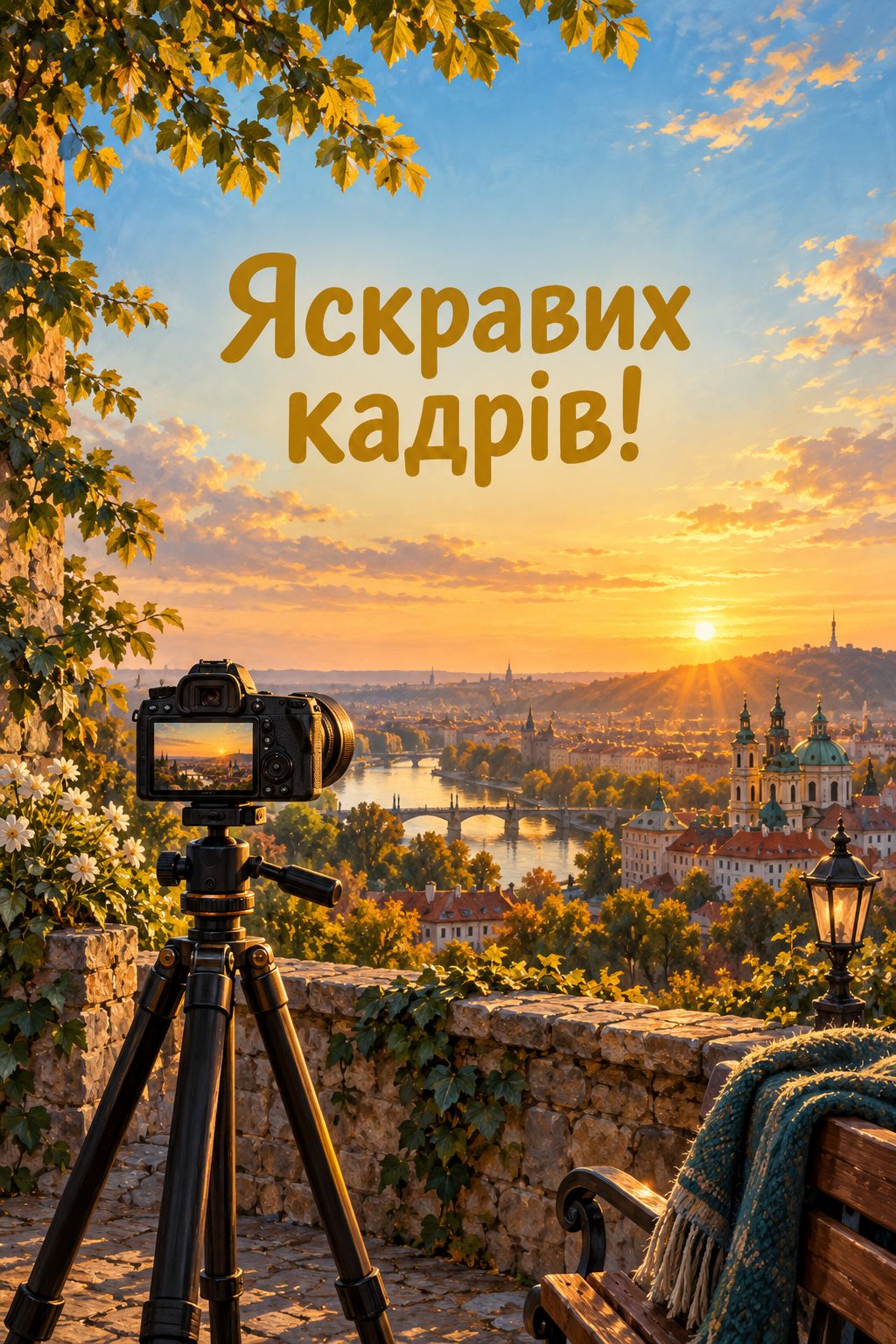 Листівка з днем народження хлопцю: фотоапарат на штативі над містом у золоту годину, напис «Яскравих кадрів!»
