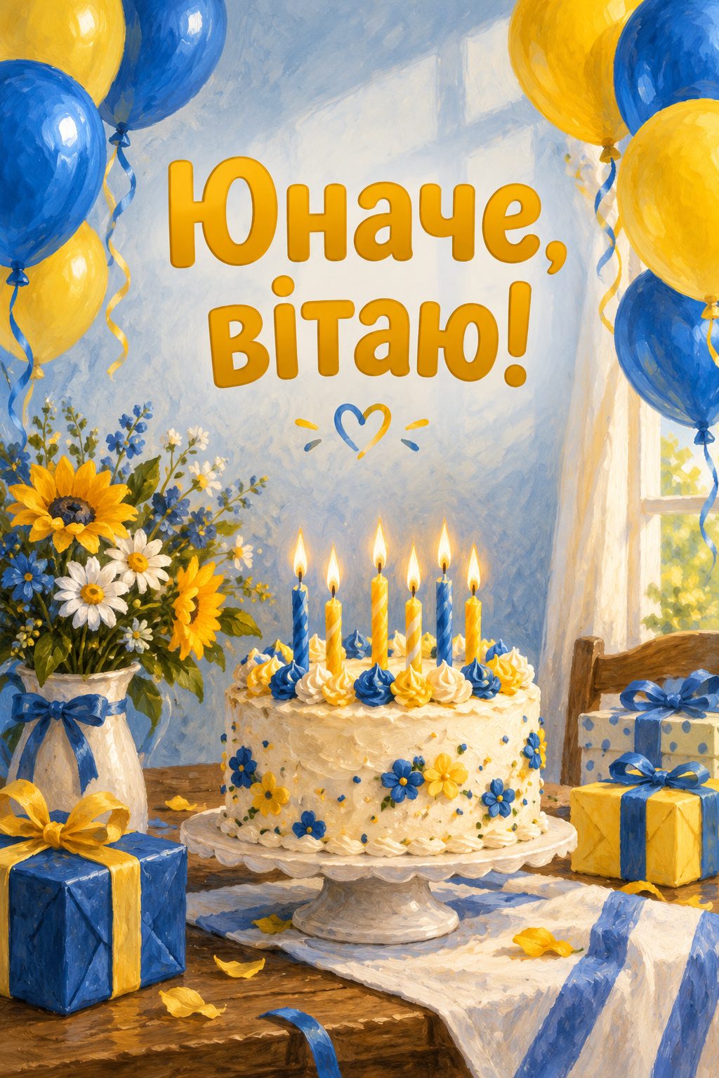 Листівка з днем народження хлопцю: торт зі свічками й сині та жовті кульки, напис «Юначе, вітаю!»