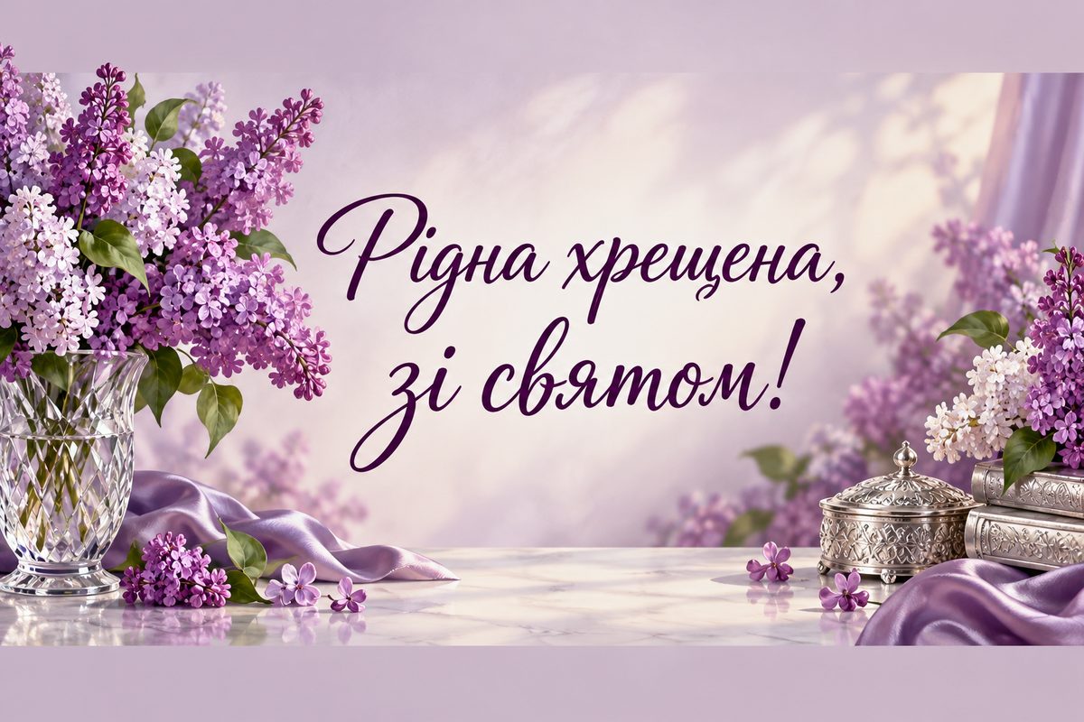 Листівка з днем народження хрещеним: гілки бузку в кришталевій вазі, напис «Рідна хрещена, зі святом!»