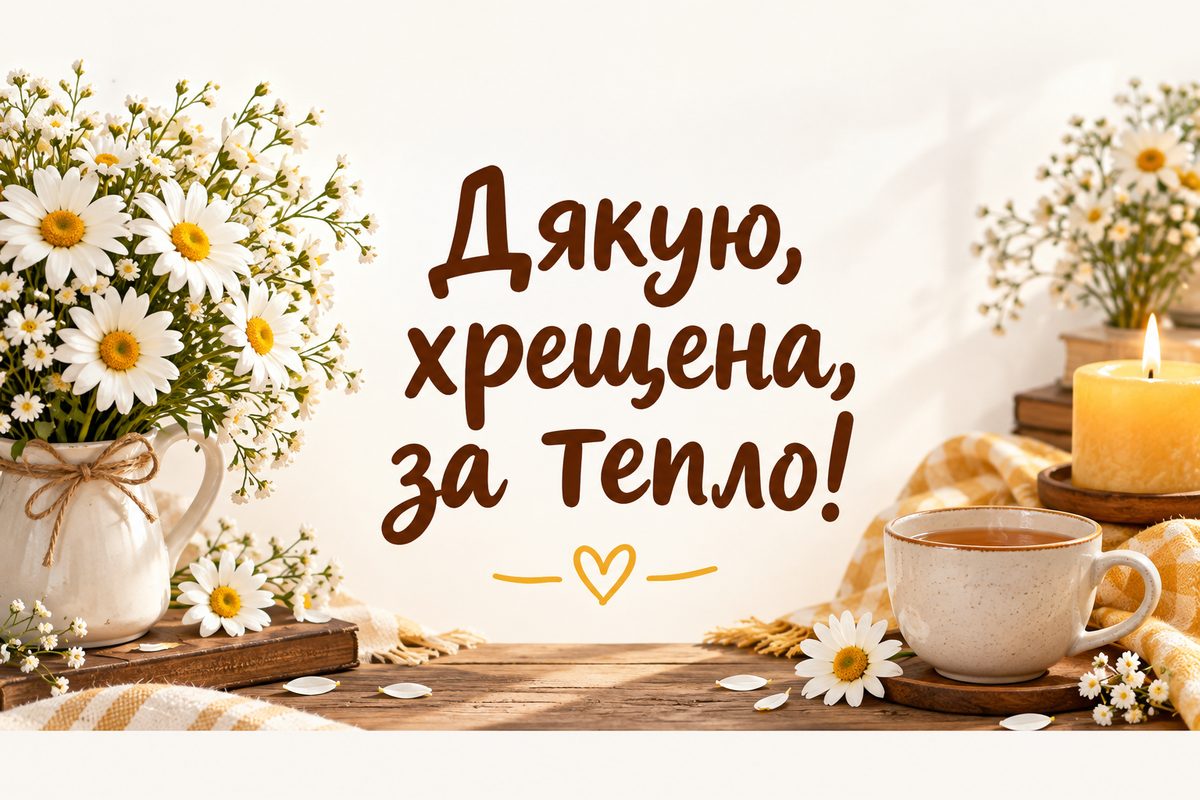 Листівка з днем народження хрещеним: чашка чаю, свічка й ромашки, напис «Дякую, хрещена, за тепло!»