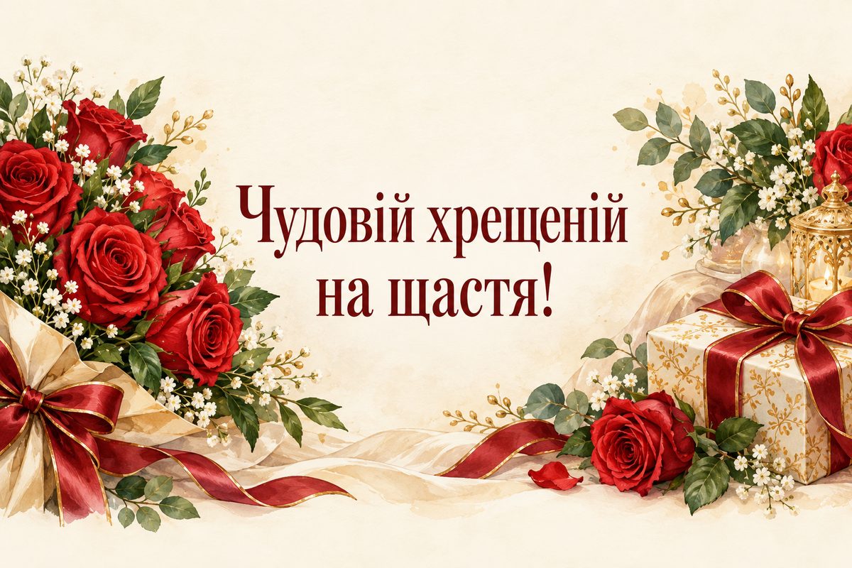 Листівка з днем народження хрещеним: букет червоних троянд зі стрічкою, напис «Чудовій хрещеній на щастя!»