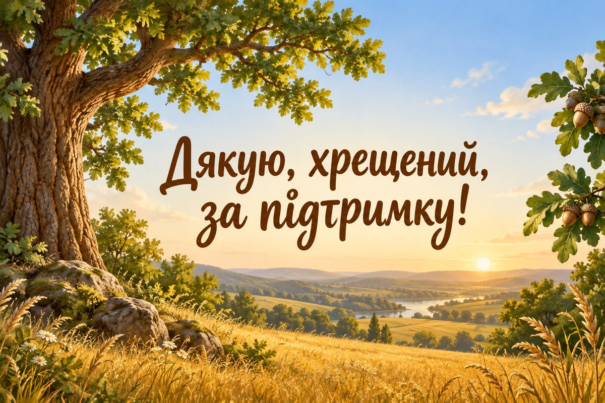 Листівка з днем народження хрещеним: міцний дуб серед золотого поля, напис «Дякую, хрещений, за підтримку!»