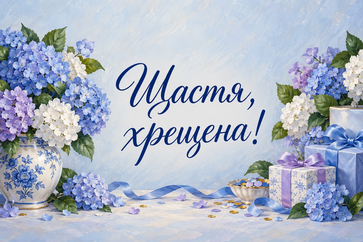 Листівка з днем народження хрещеним: гортензії в порцеляновій вазі й конфеті, напис «Щастя, хрещена!»