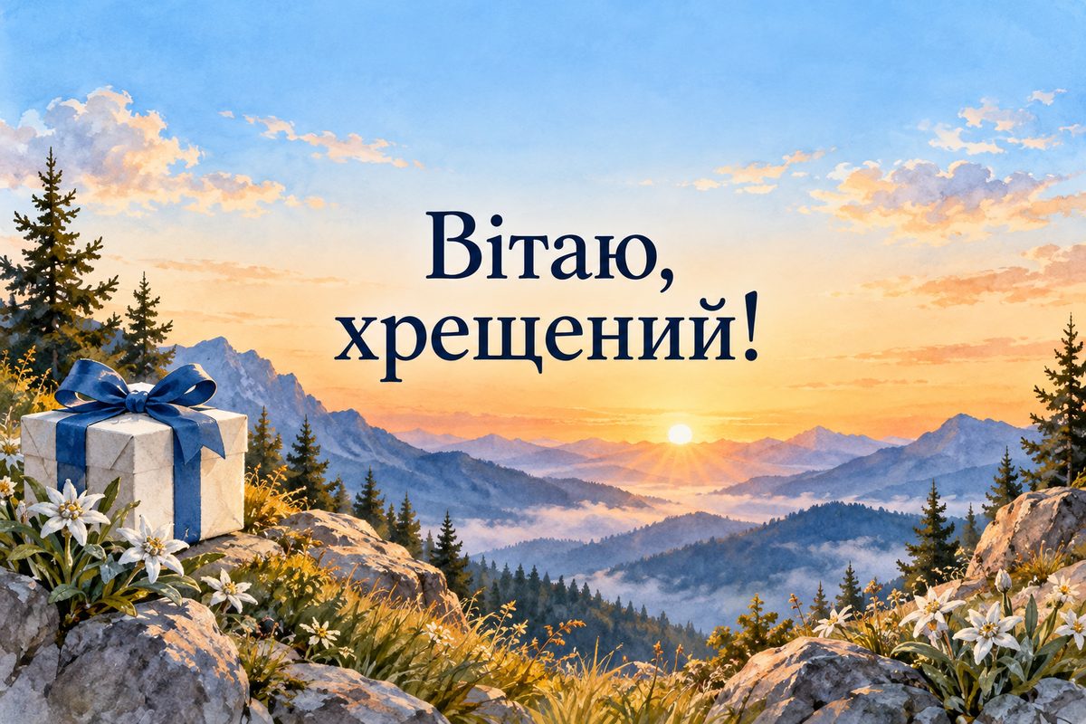 Листівка з днем народження хрещеним: гори на світанку й подарунок, напис «Вітаю, хрещений!»