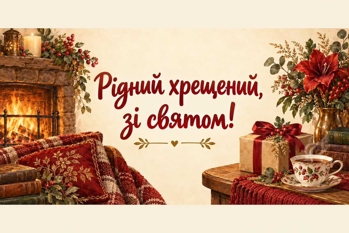 Листівка з днем народження хрещеним: затишний камін, подарунок і чай, напис «Рідний хрещений, зі святом!»