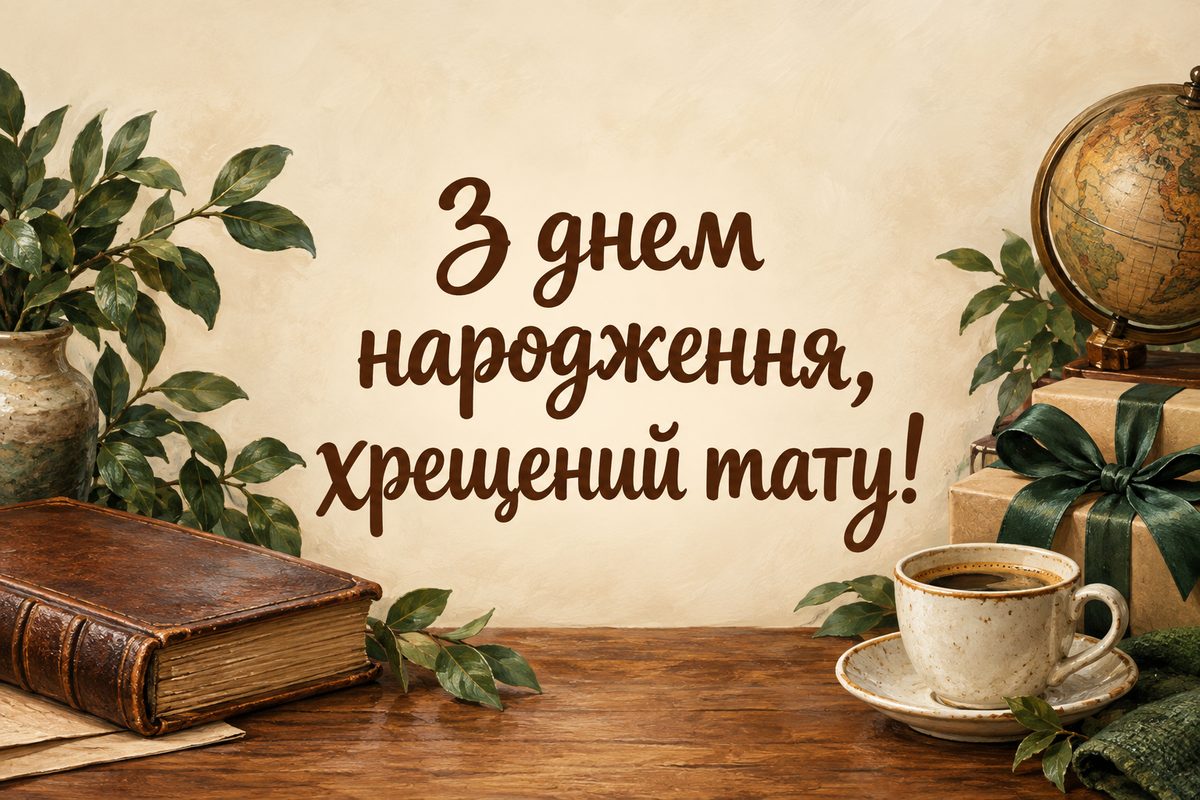 Листівка з днем народження хрещеним: книга в шкіряній палітурці, кава й подарунок, напис «З днем народження, хрещений тату!»