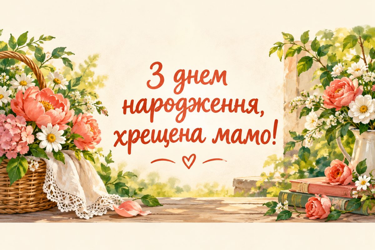 Листівка з днем народження хрещеним: кошик садових квітів у теплому світлі, напис «З днем народження, хрещена мамо!»