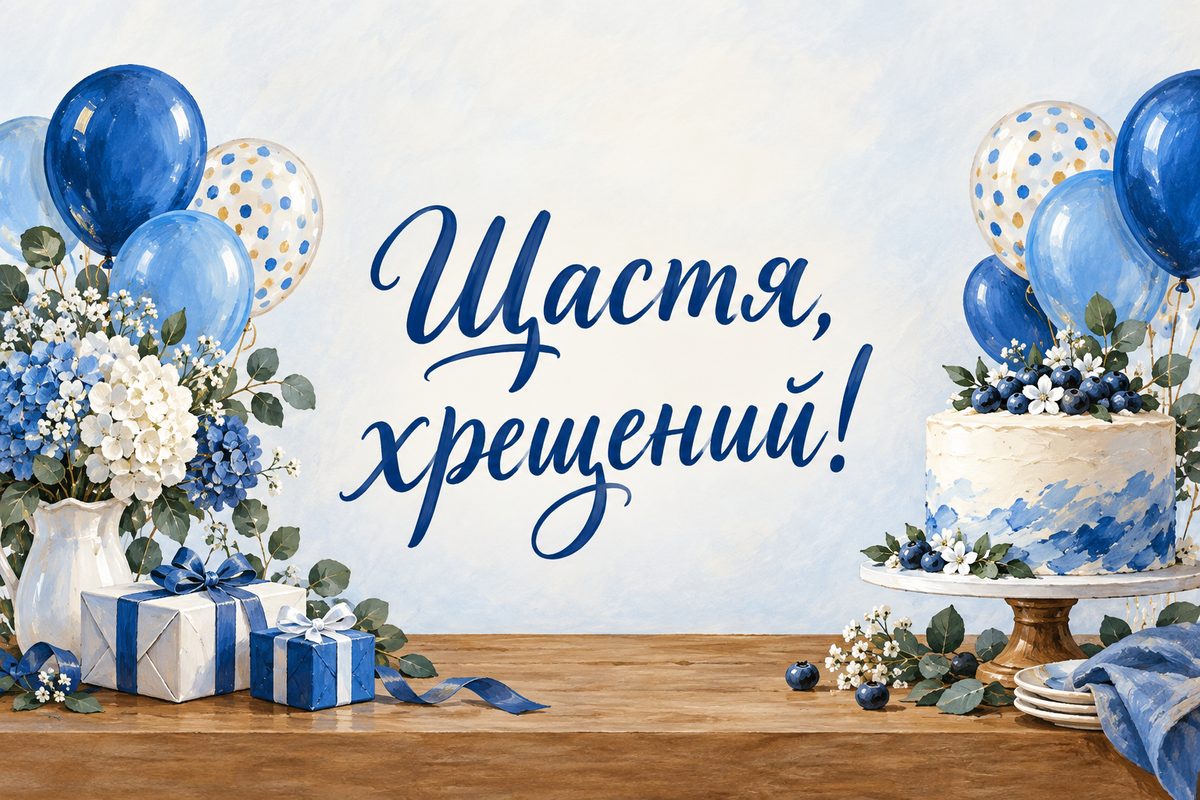 Листівка з днем народження хрещеним: сині кульки й торт на деревʼяному столі, напис «Щастя, хрещений!»
