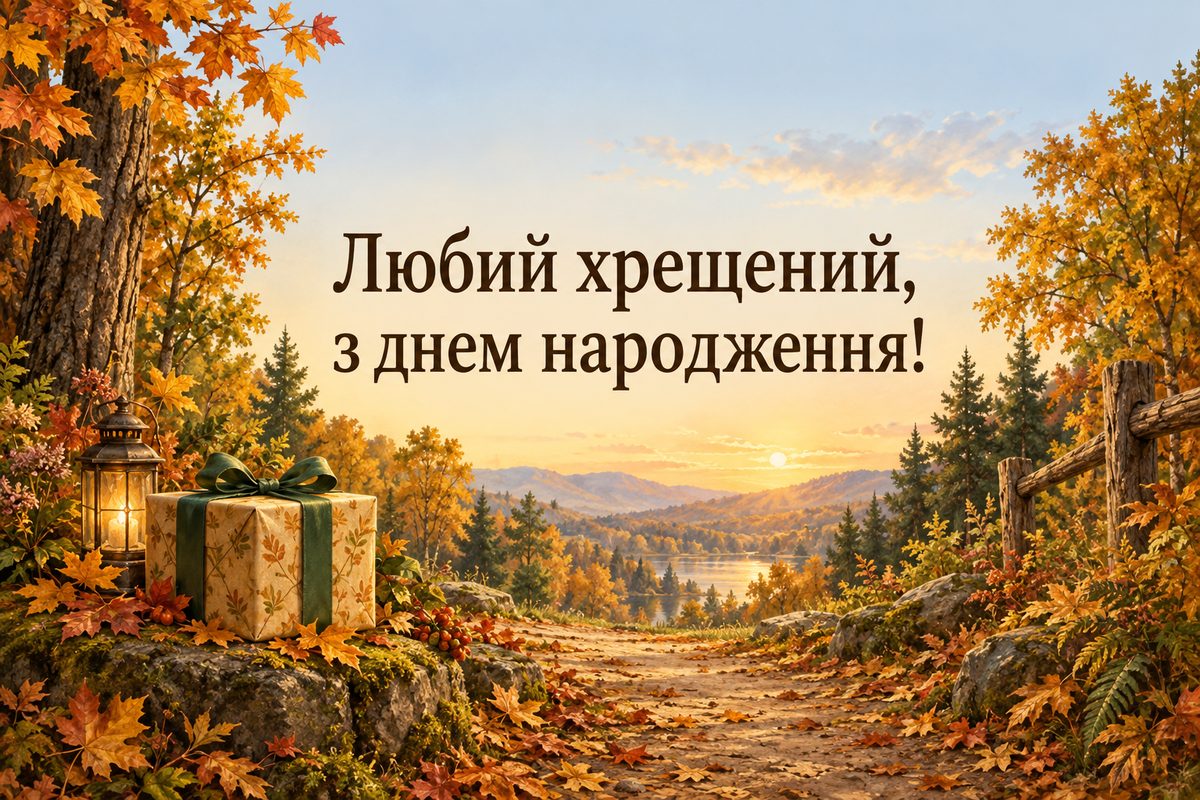 Листівка з днем народження хрещеним: осіння лісова стежка й подарунок, напис «Любий хрещений, з днем народження!»
