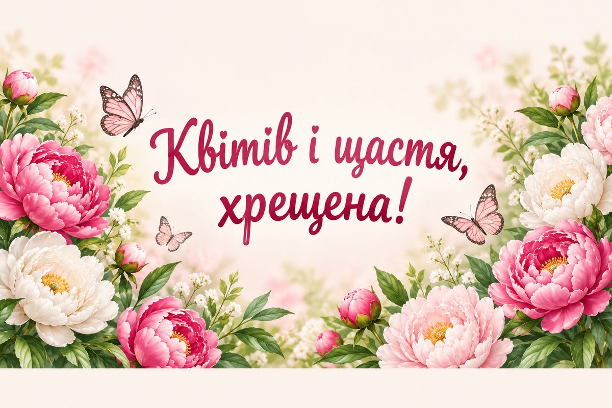 Листівка з днем народження хрещеним: сад півоній і метелики, напис «Квітів і щастя, хрещена!»