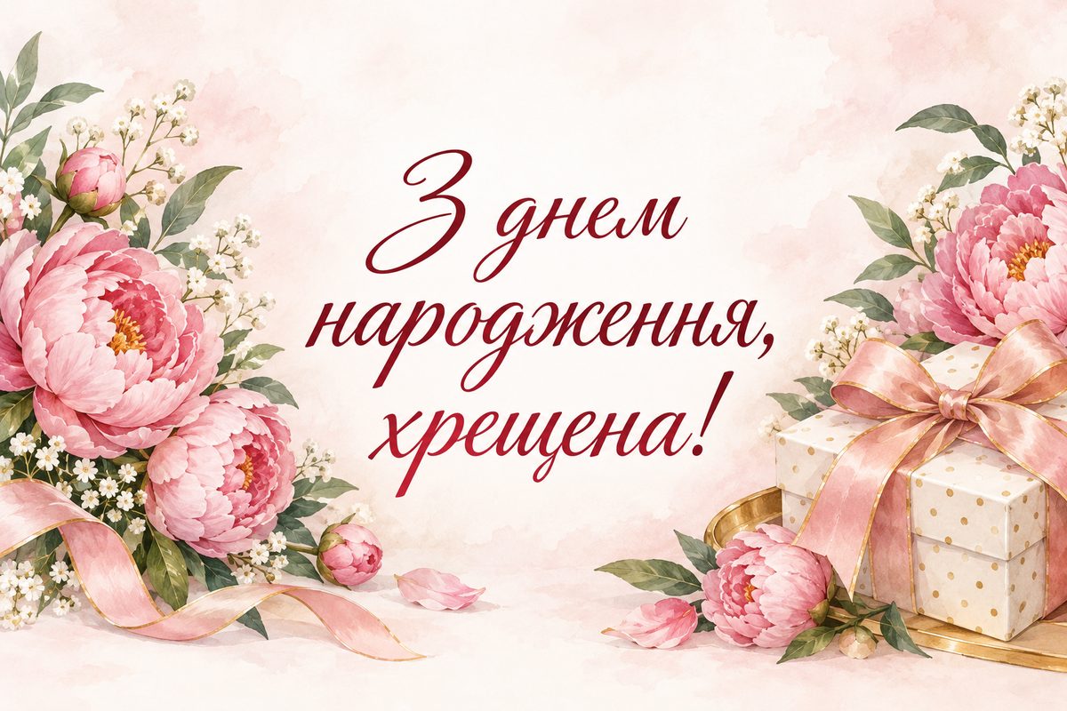 Листівка з днем народження хрещеним: рожеві півонії й подарунок з атласною стрічкою, напис «З днем народження, хрещена!»