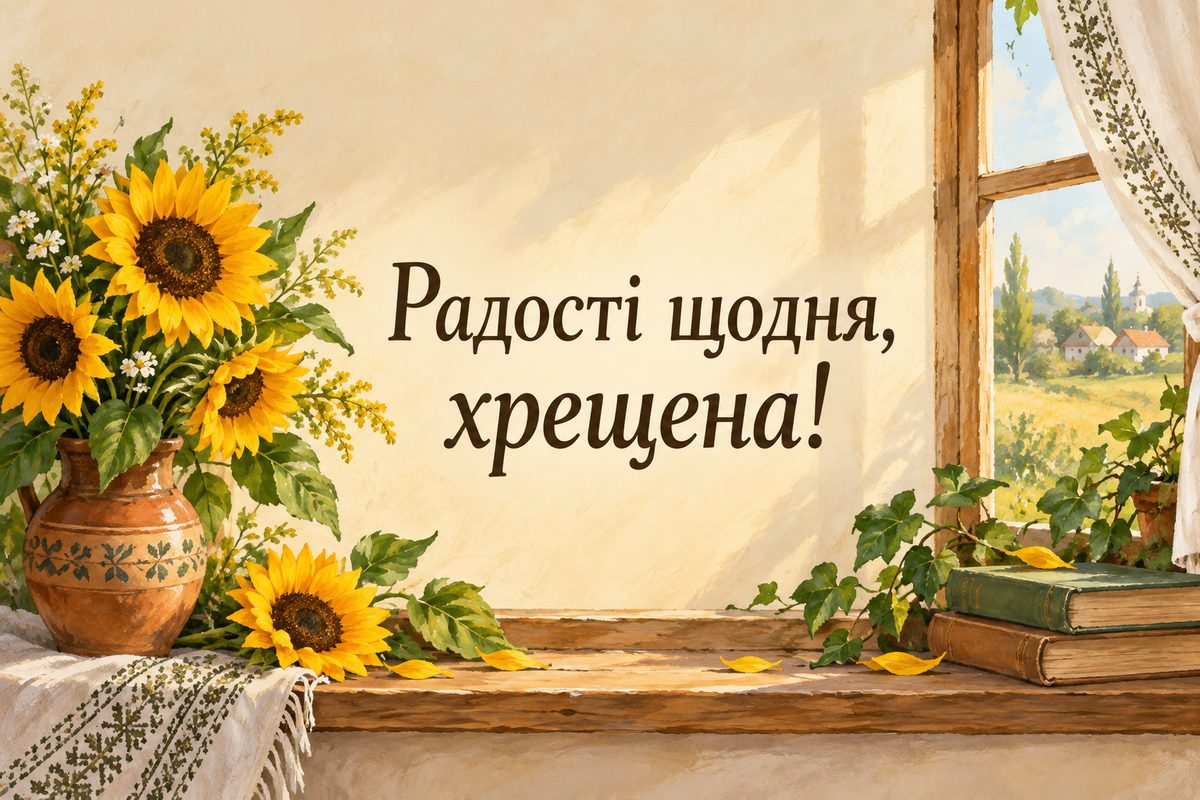 Листівка з днем народження хрещеним: соняшники в глечику на підвіконні, напис «Радості щодня, хрещена!»