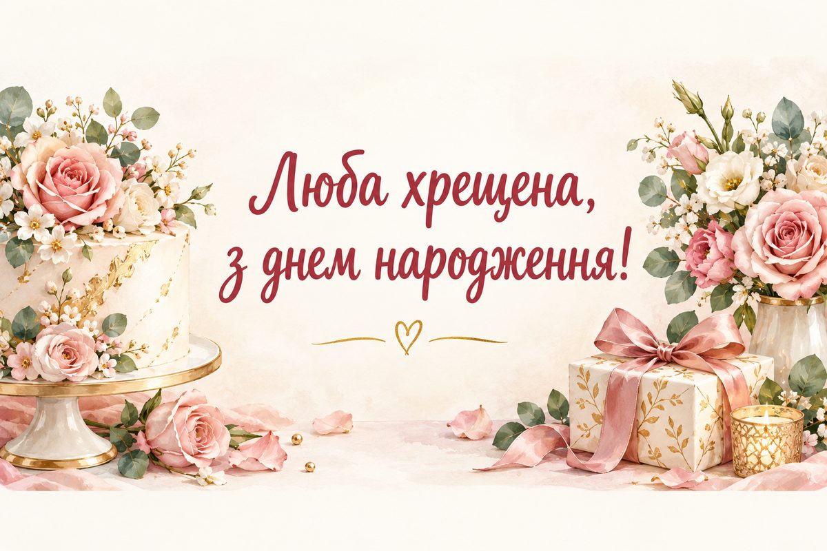 Листівка з днем народження хрещеним: торт із цукровими квітами, напис «Люба хрещена, з днем народження!»