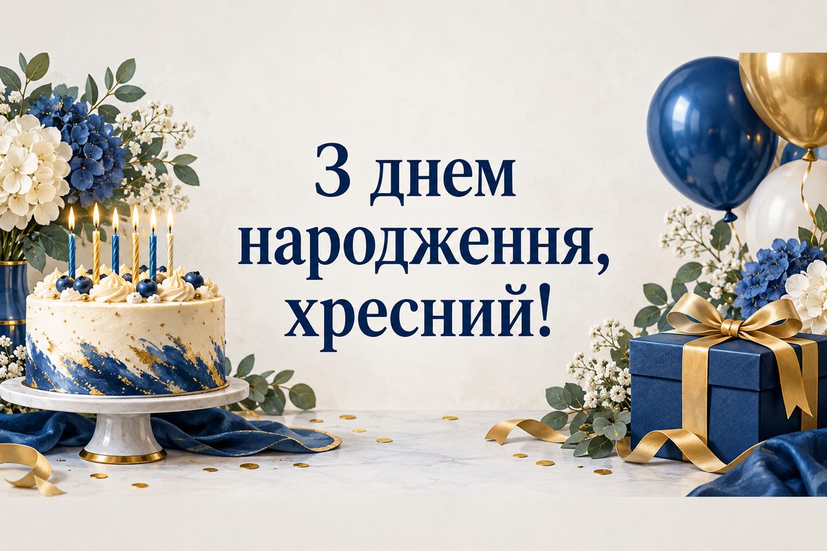 Листівка з днем народження хрещеним: святковий торт зі свічками й подарунок, напис «З днем народження, хресний!»