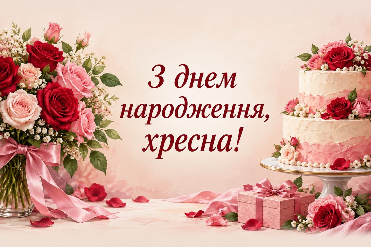 Листівка з днем народження хрещеним: букет троянд біля ярусного торта, напис «З днем народження, хресна!»