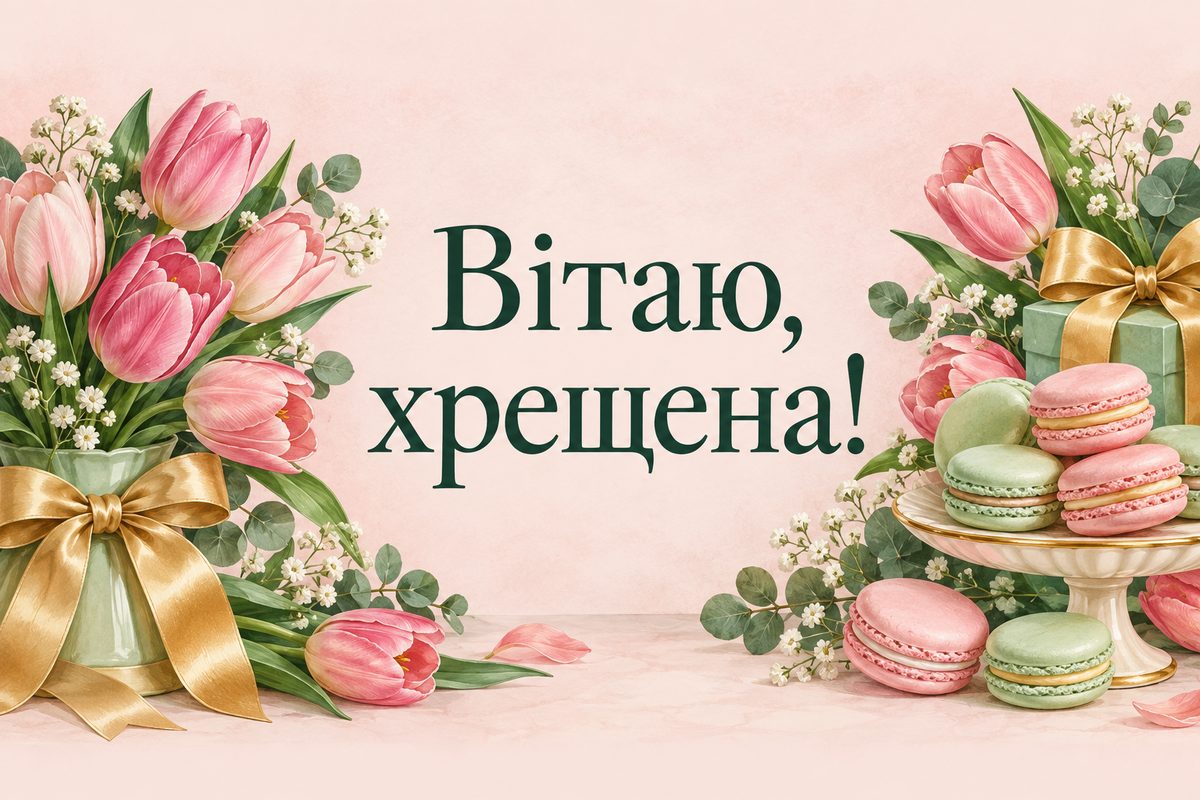 Листівка з днем народження хрещеним: тюльпани й макаруни із золотим бантом, напис «Вітаю, хрещена!»