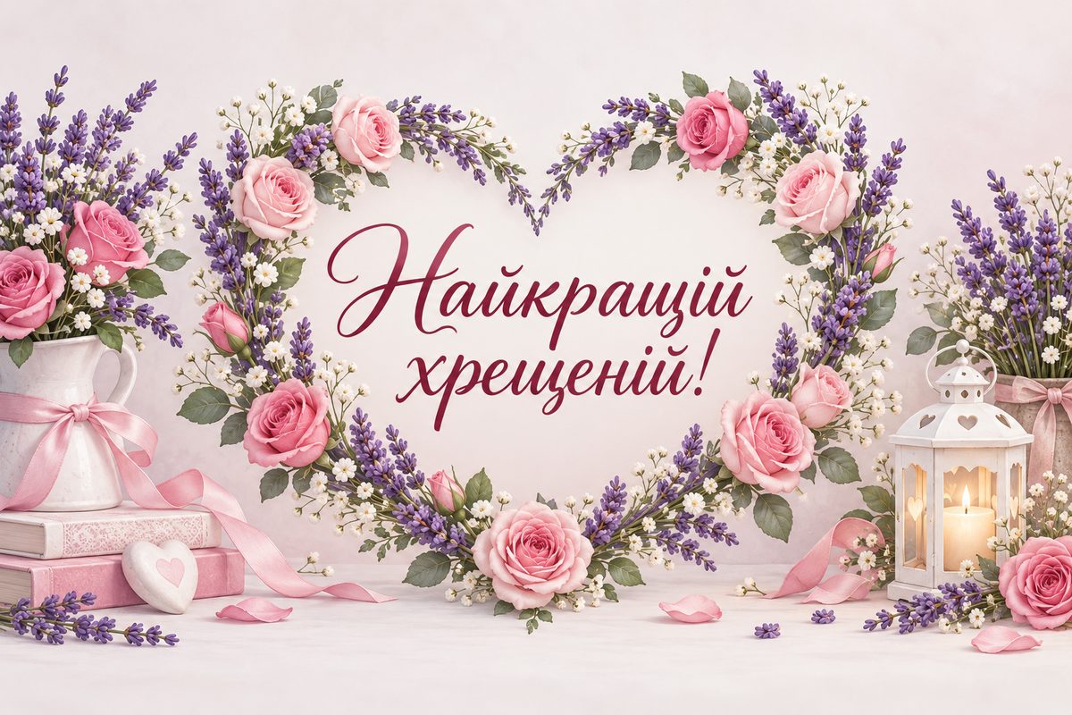 Листівка з днем народження хрещеним: серце-вінок із троянд і лаванди, напис «Найкращій хрещеній!»