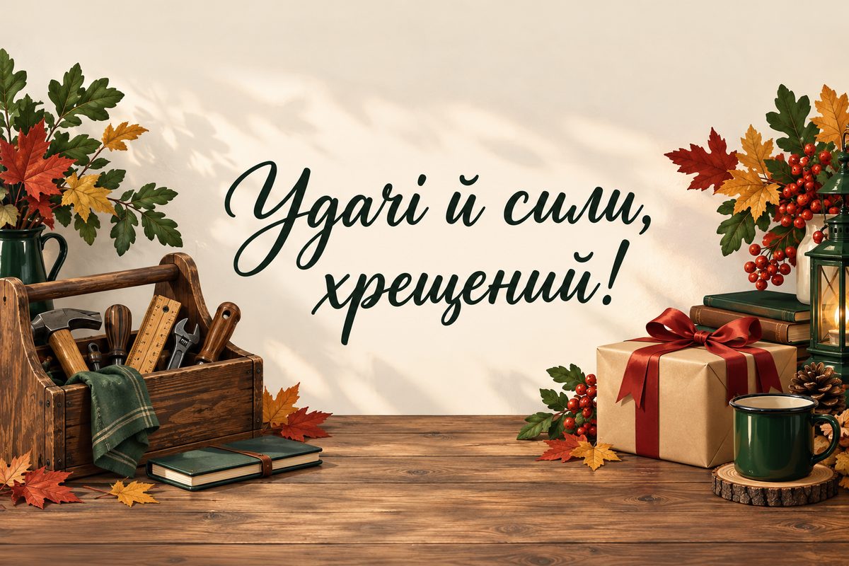 Листівка з днем народження хрещеним: вінтажна скринька з інструментами, компас і подарунок, напис «Удачі й сили, хрещений!»
