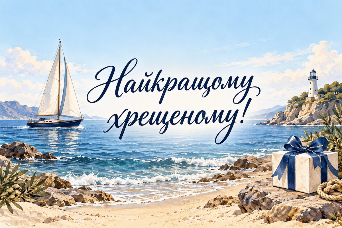 Листівка з днем народження хрещеним: вітрильник у морі й подарунок на березі, напис «Найкращому хрещеному!»