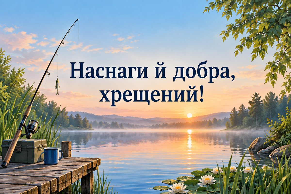 Листівка з днем народження хрещеним: вудка біля тихого озера на світанку, напис «Наснаги й добра, хрещений!»