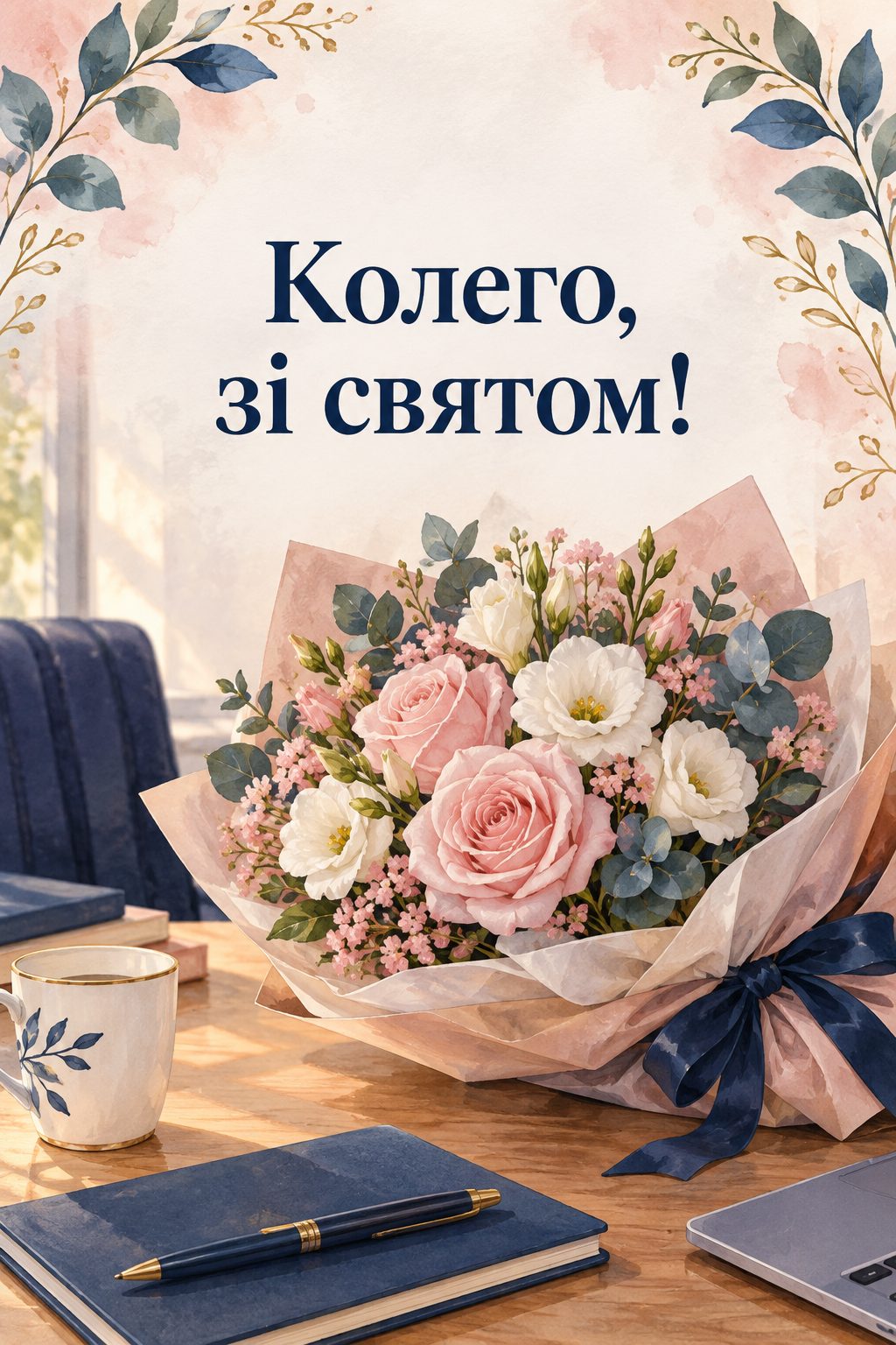 Листівка з днем народження колезі: вишуканий букет на робочому столі біля записника, напис «Колего, зі святом!»