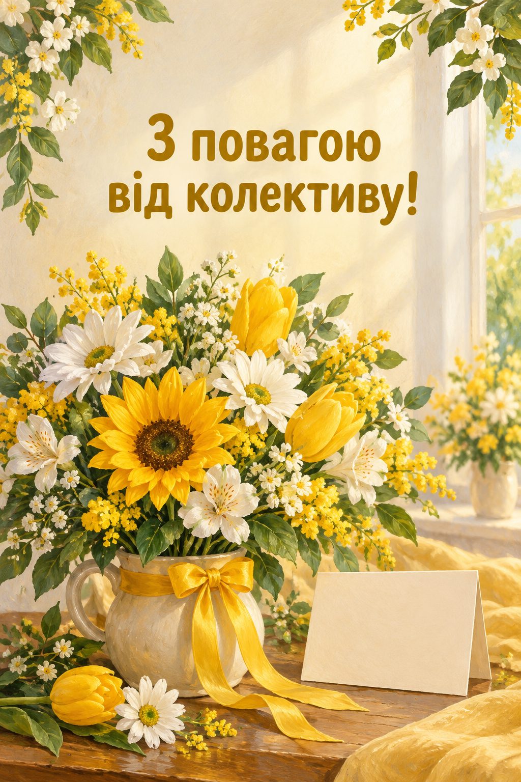 Листівка з днем народження колезі: великий біло-жовтий букет і листівка, напис «З повагою від колективу!»