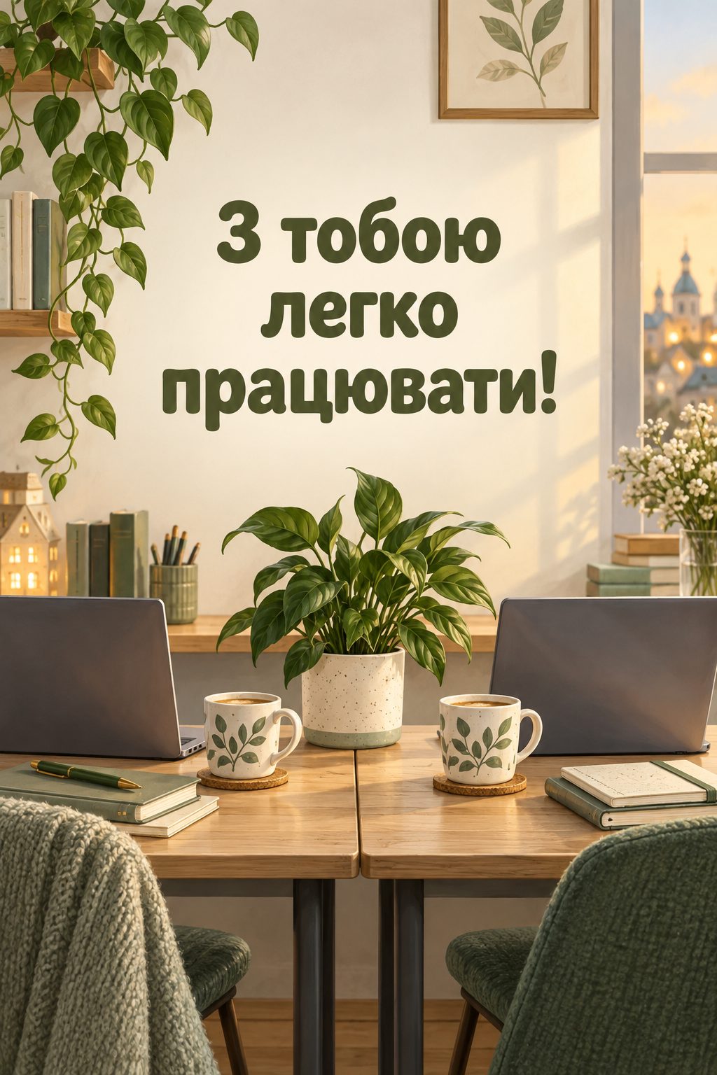 Листівка з днем народження колезі: два столи поруч, однакові чашки й вазон, напис «З тобою легко працювати!»