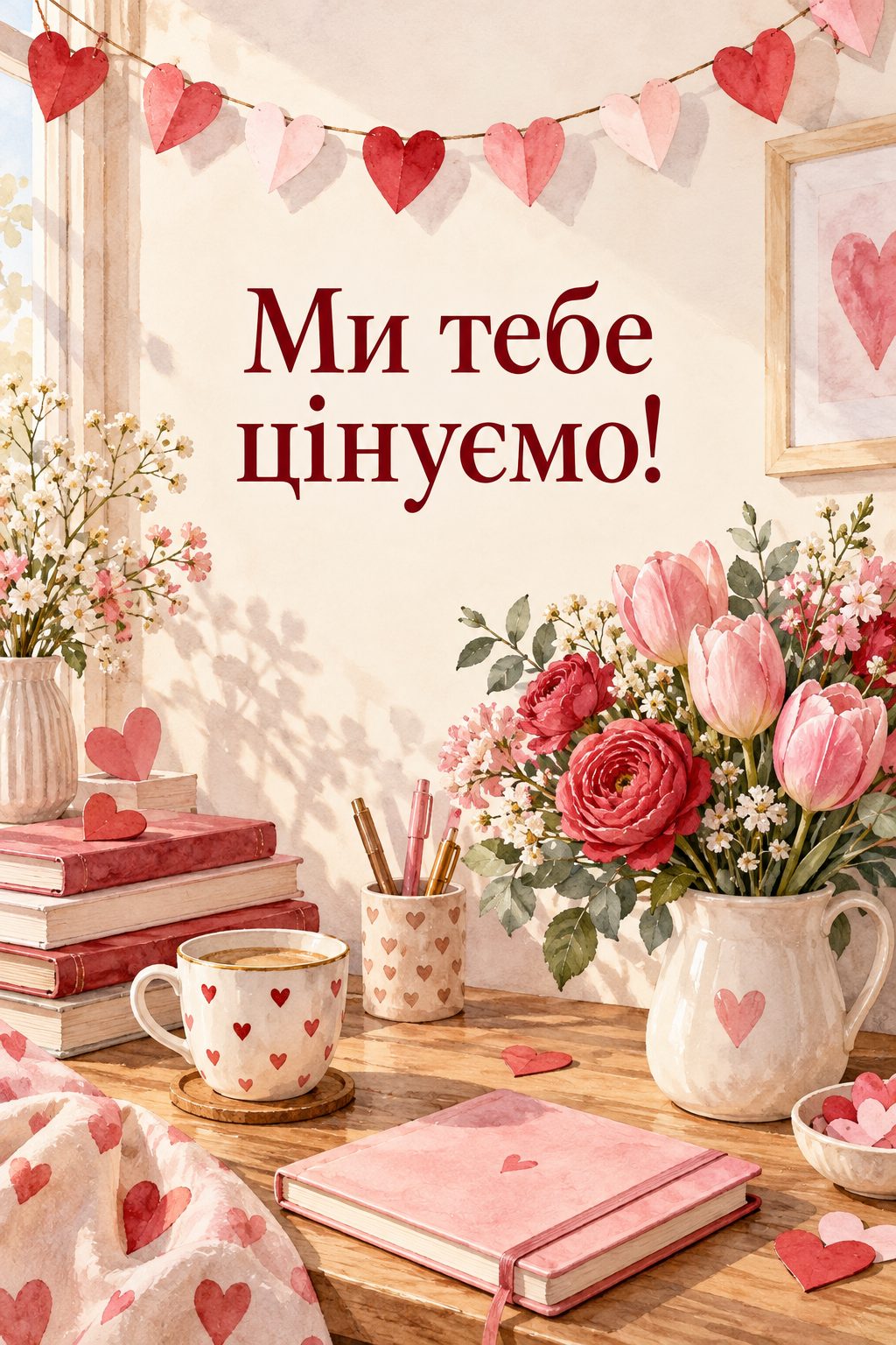Листівка з днем народження колезі: паперова гірлянда із сердець над столом із квітами, напис «Ми тебе цінуємо!»