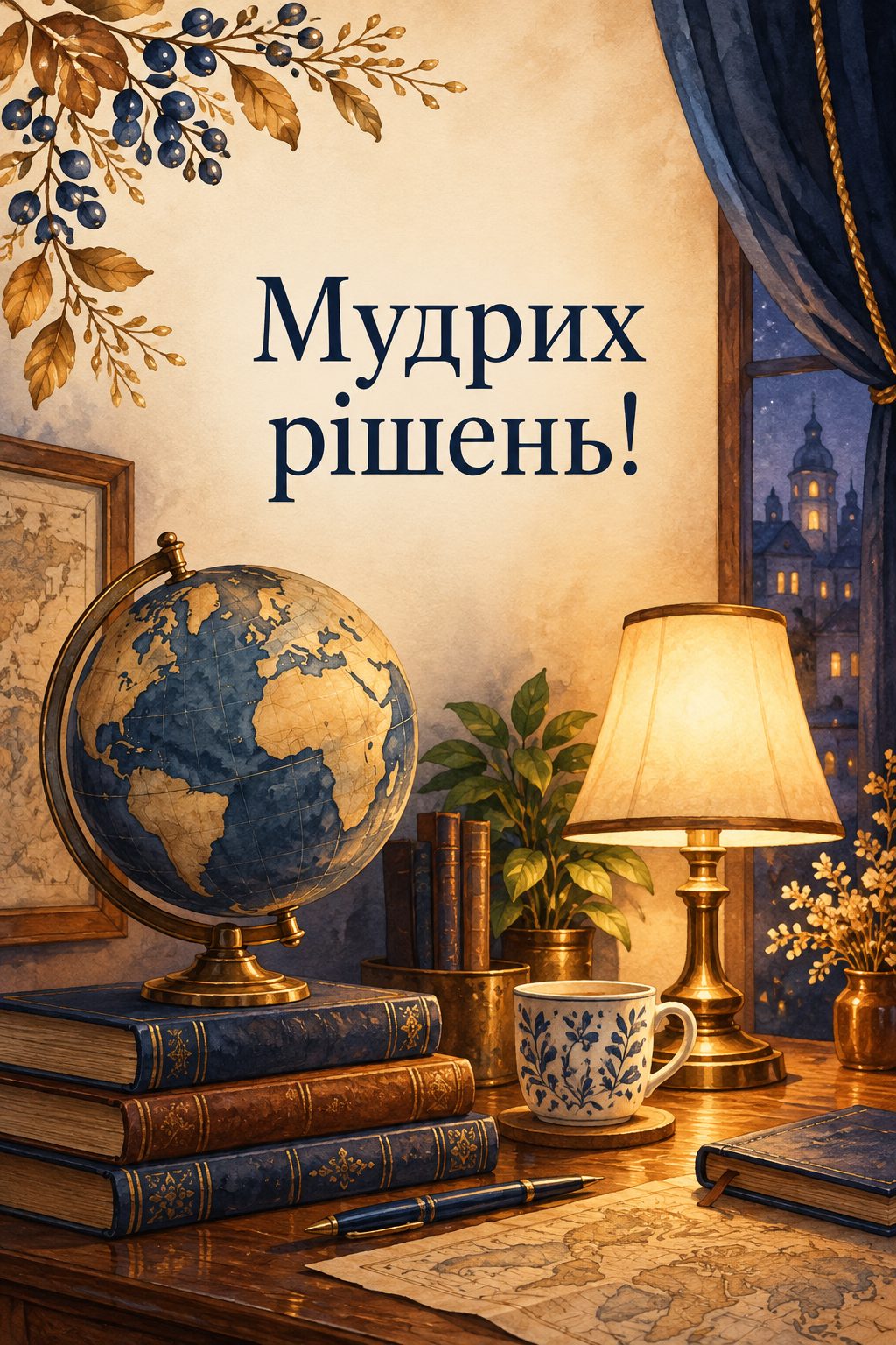 Листівка з днем народження колезі: глобус, книжки й настільна лампа, напис «Мудрих рішень!»