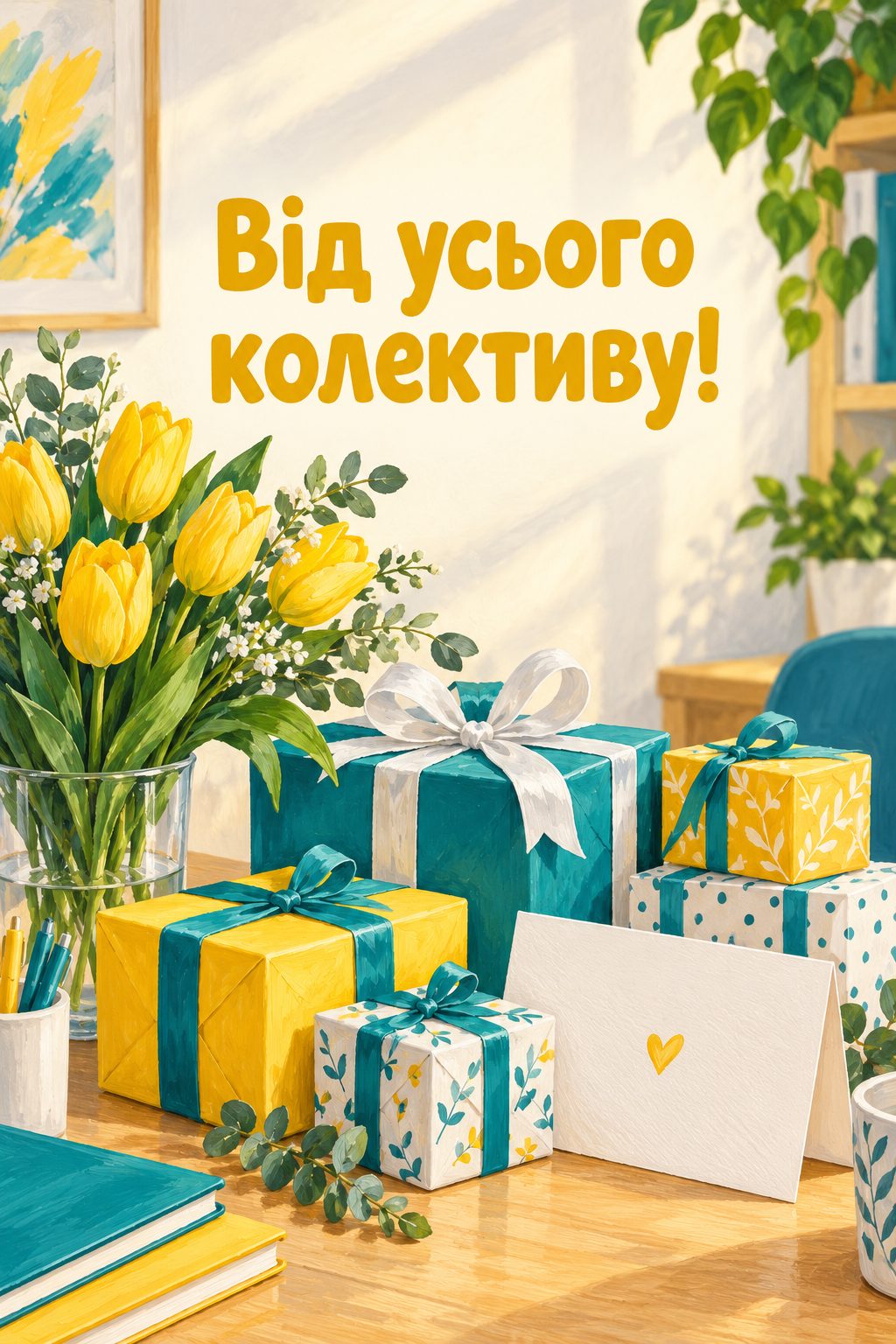 Листівка з днем народження колезі: гора подарунків і велика листівка із сердечками, напис «Від усього колективу!»