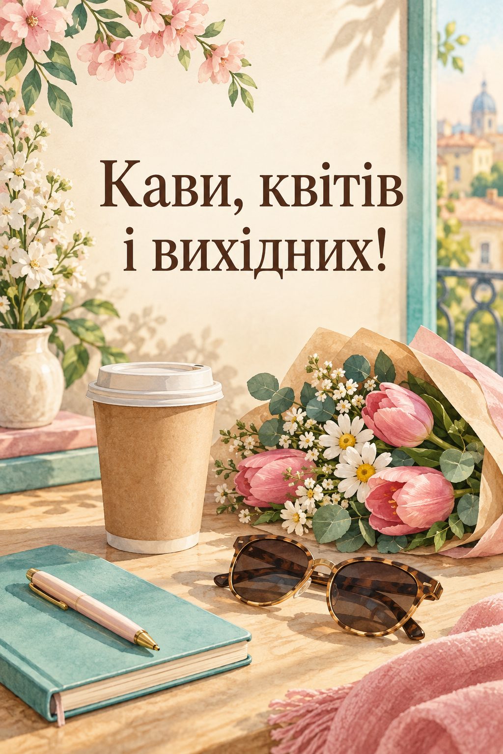 Листівка з днем народження колезі: стаканчик кави, букетик і сонцезахисні окуляри, напис «Кави, квітів і вихідних!»