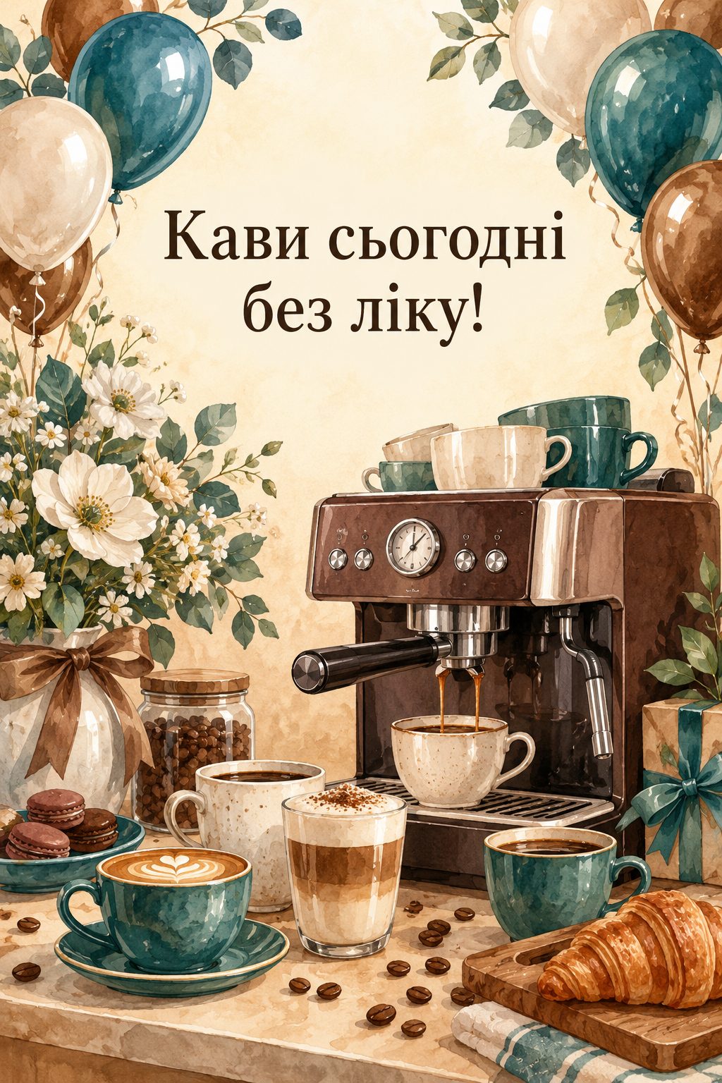 Листівка з днем народження колезі: кавомашина, ряд чашок і кульки, напис «Кави сьогодні без ліку!»