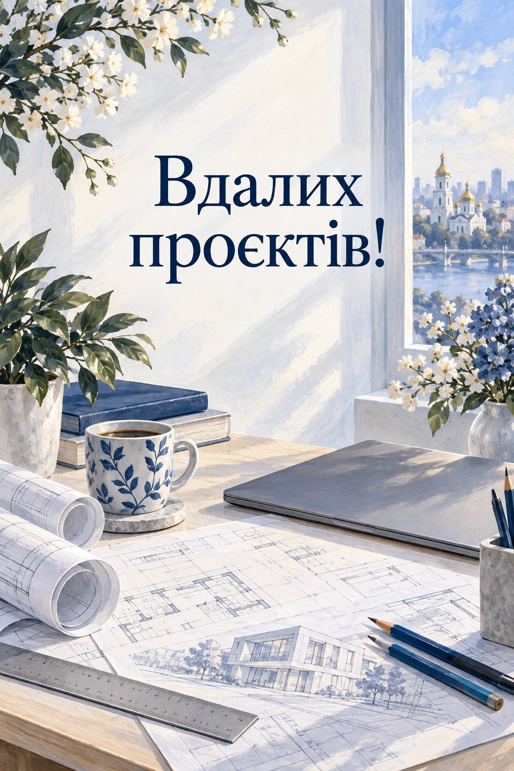 Листівка з днем народження колезі: креслення, лінійка й олівці на столі, напис «Вдалих проєктів!»