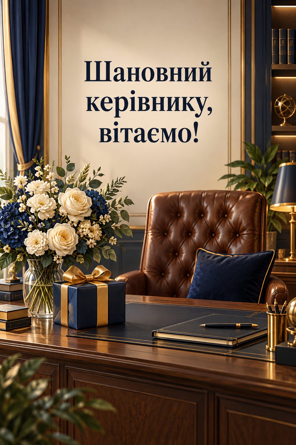 Листівка з днем народження колезі: шкіряне крісло, великий стіл, букет і подарунок, напис «Шановний керівнику, вітаємо!»