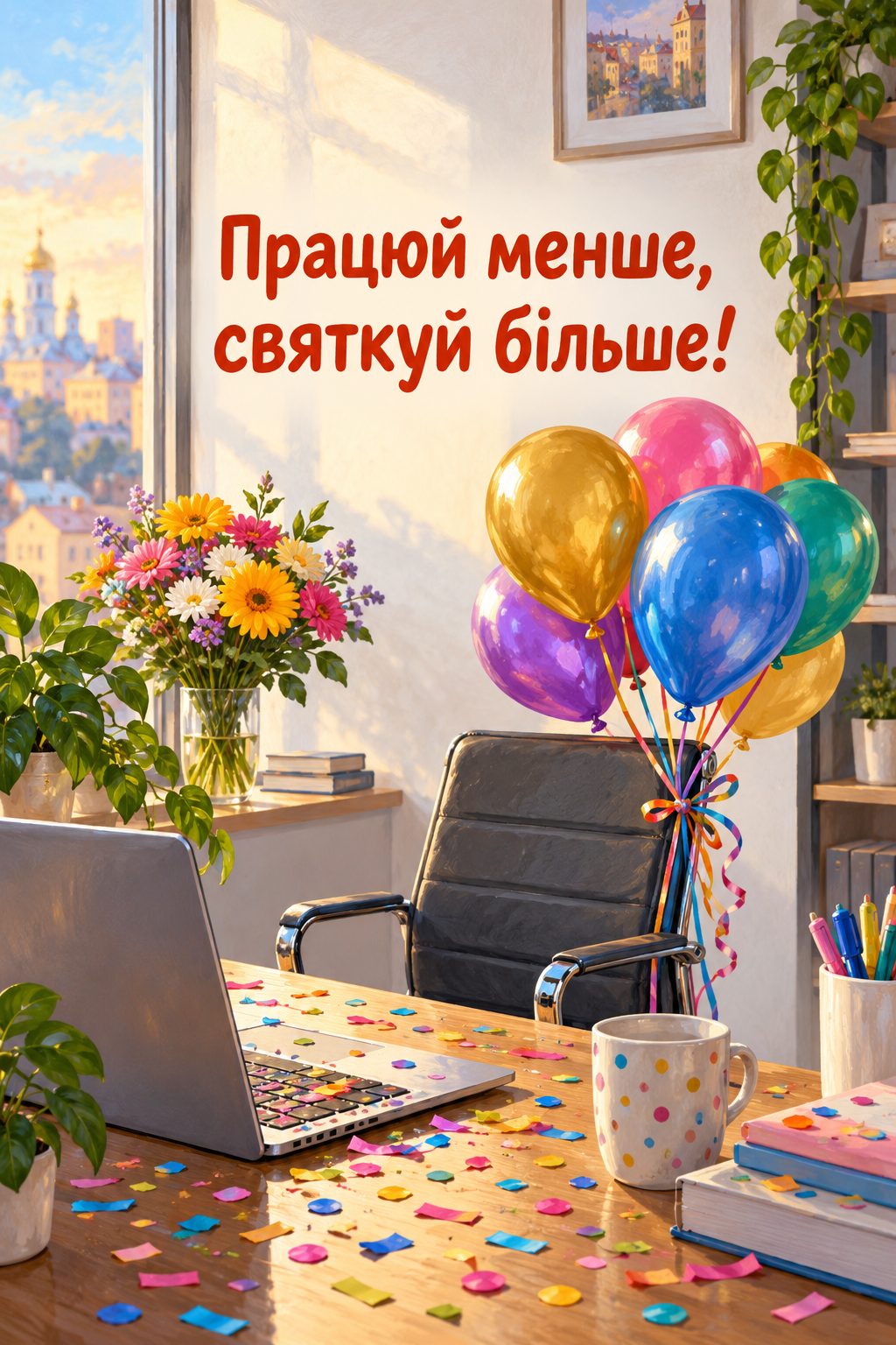 Листівка з днем народження колезі: офісне крісло з кульками й конфеті на клавіатурі, напис «Працюй менше, святкуй більше!»
