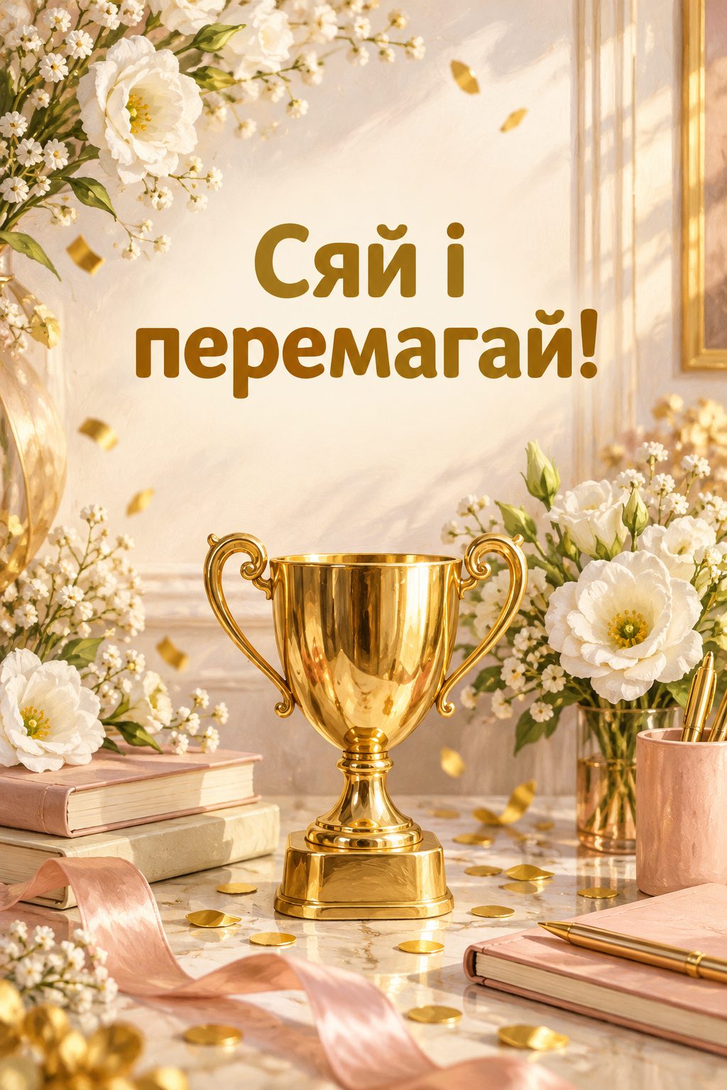 Листівка з днем народження колезі: золотий кубок, конфеті й білі квіти, напис «Сяй і перемагай!»