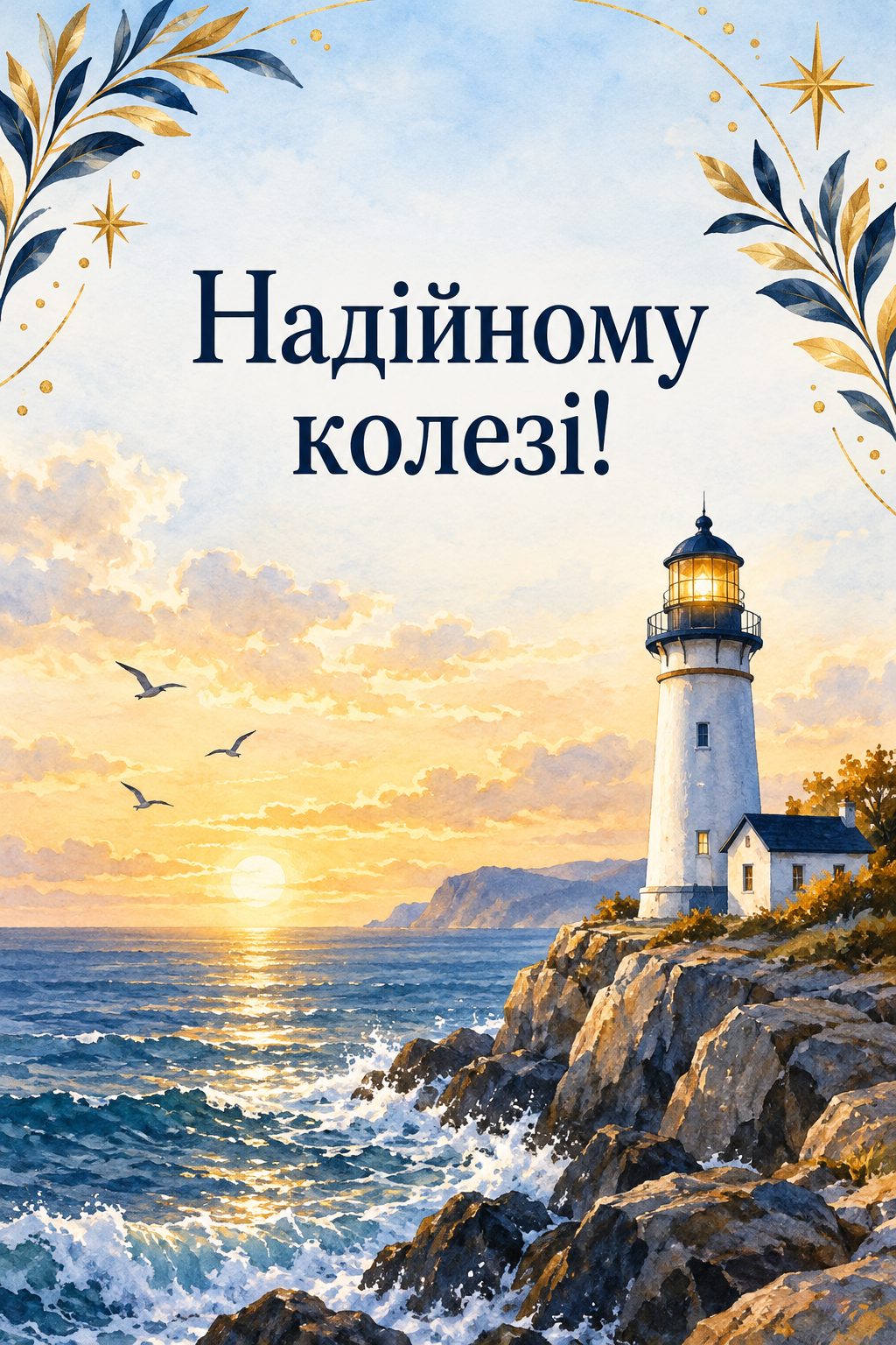 Листівка з днем народження колезі: маяк на скелястому березі, напис «Надійному колезі!»