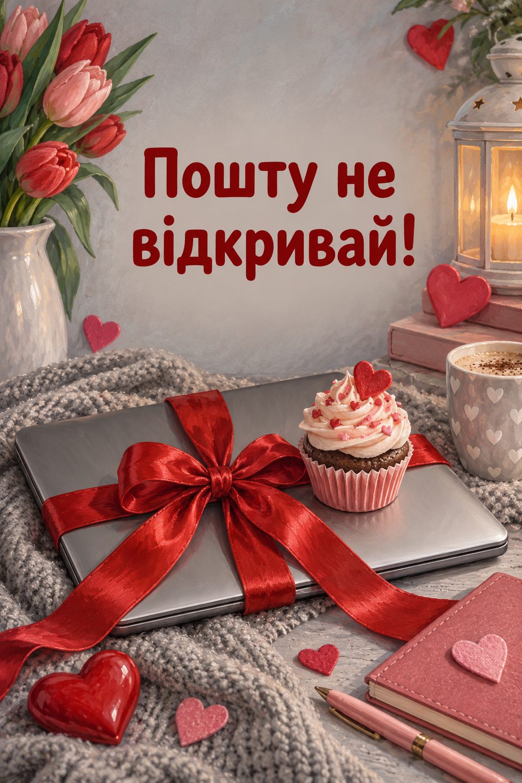 Листівка з днем народження колезі: закритий ноутбук із бантом і капкейк, напис «Пошту не відкривай!»