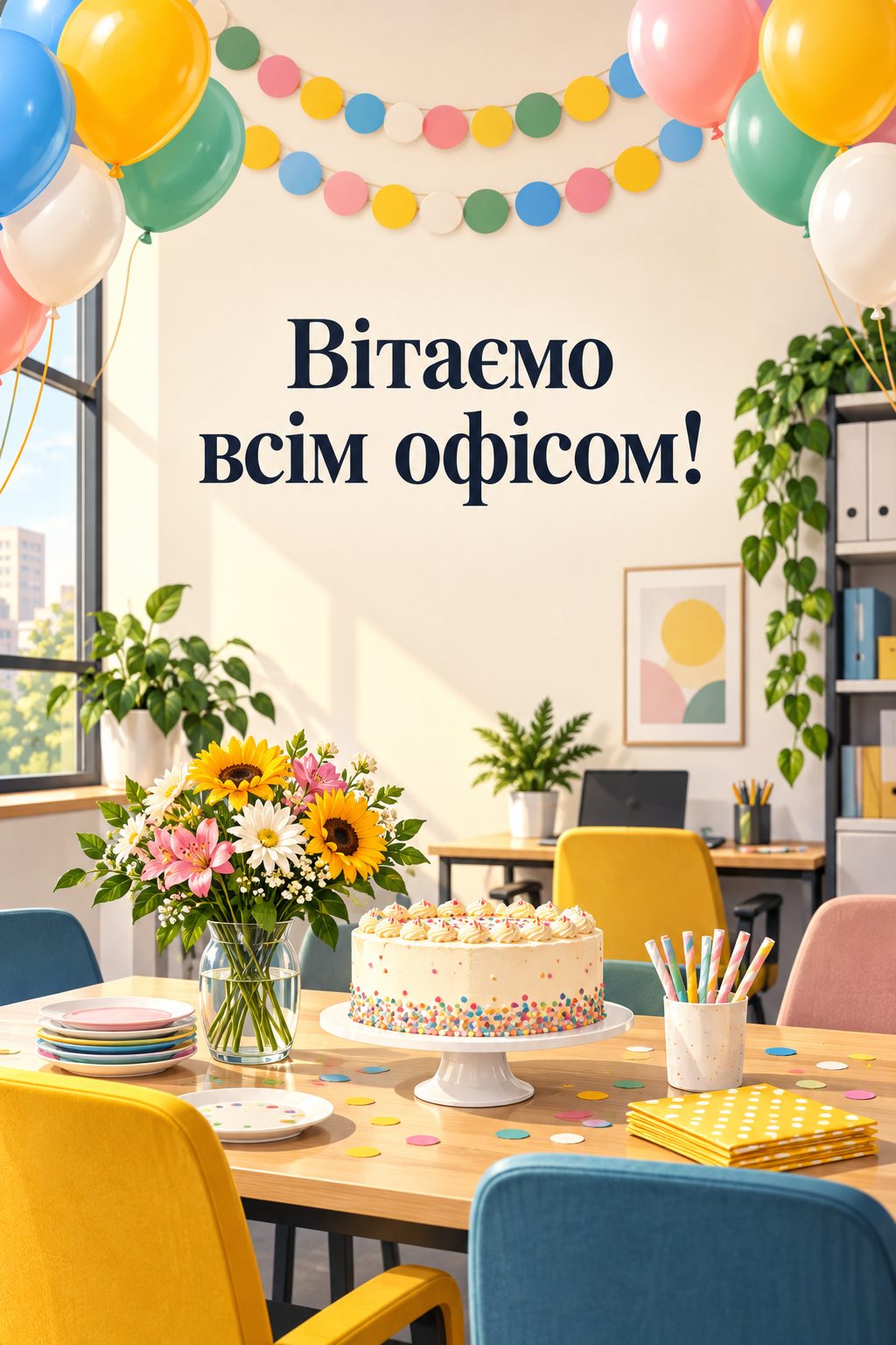 Листівка з днем народження колезі: офіс із кульками, гірляндою й тортом, напис «Вітаємо всім офісом!»