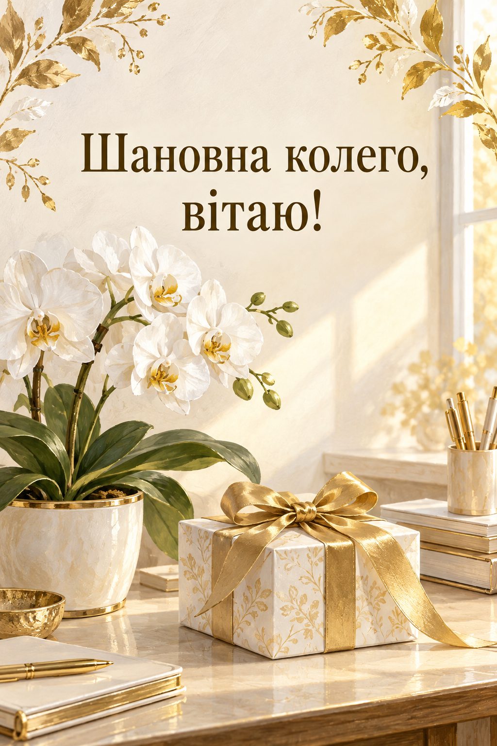 Листівка з днем народження колезі: біла орхідея й подарунок із золотою стрічкою, напис «Шановна колего, вітаю!»