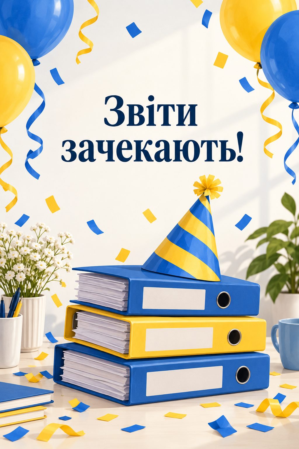 Листівка з днем народження колезі: стос папок у святковому ковпачку, напис «Звіти зачекають!»