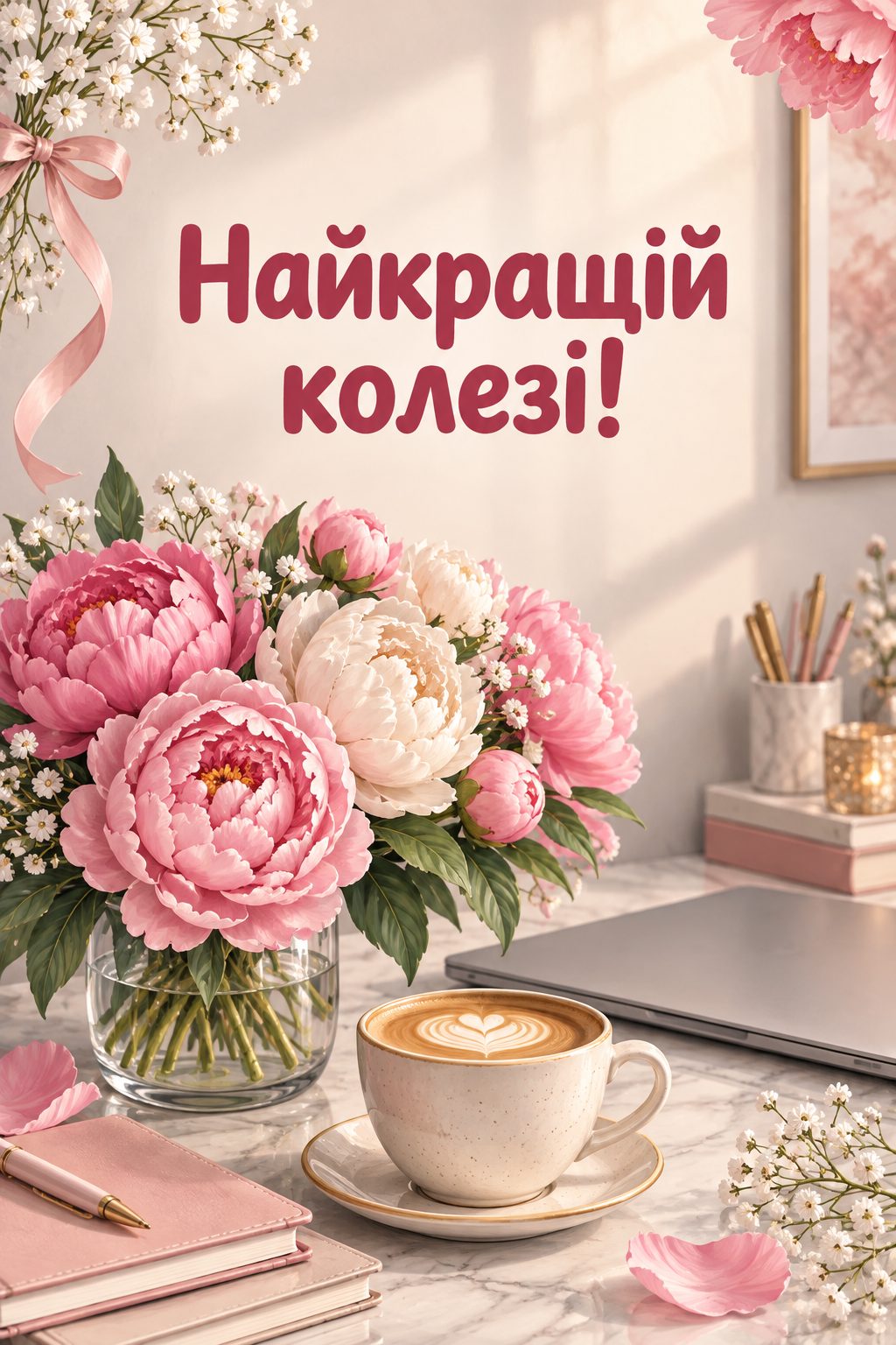 Листівка з днем народження колезі: півонії й чашка кави біля ноутбука, напис «Найкращій колезі!»