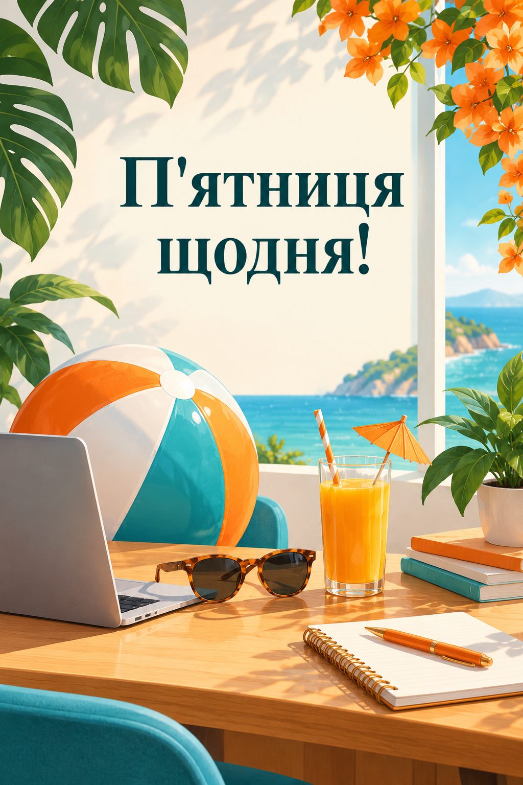 Листівка з днем народження колезі: робочий стіл із пляжним м'ячем і соком, напис «П'ятниця щодня!»