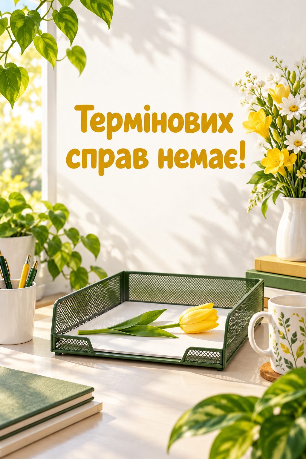 Листівка з днем народження колезі: порожній лоток для паперів із квіткою, напис «Термінових справ немає!»