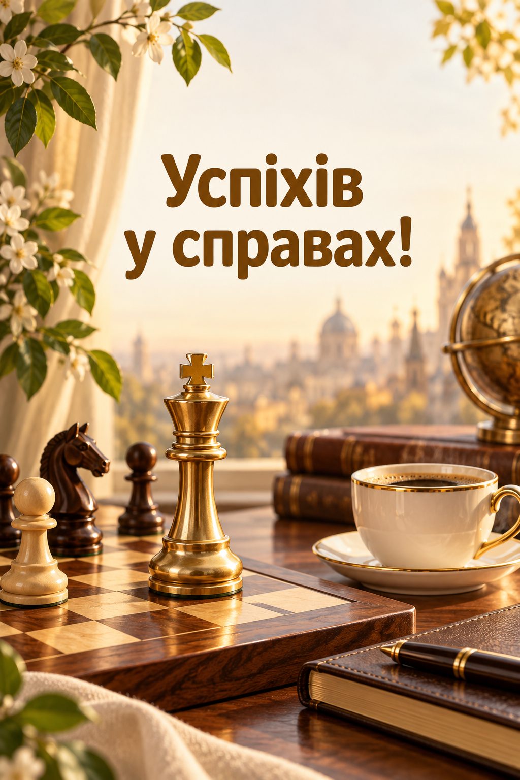 Листівка з днем народження колезі: шахівниця й чашка кави, напис «Успіхів у справах!»