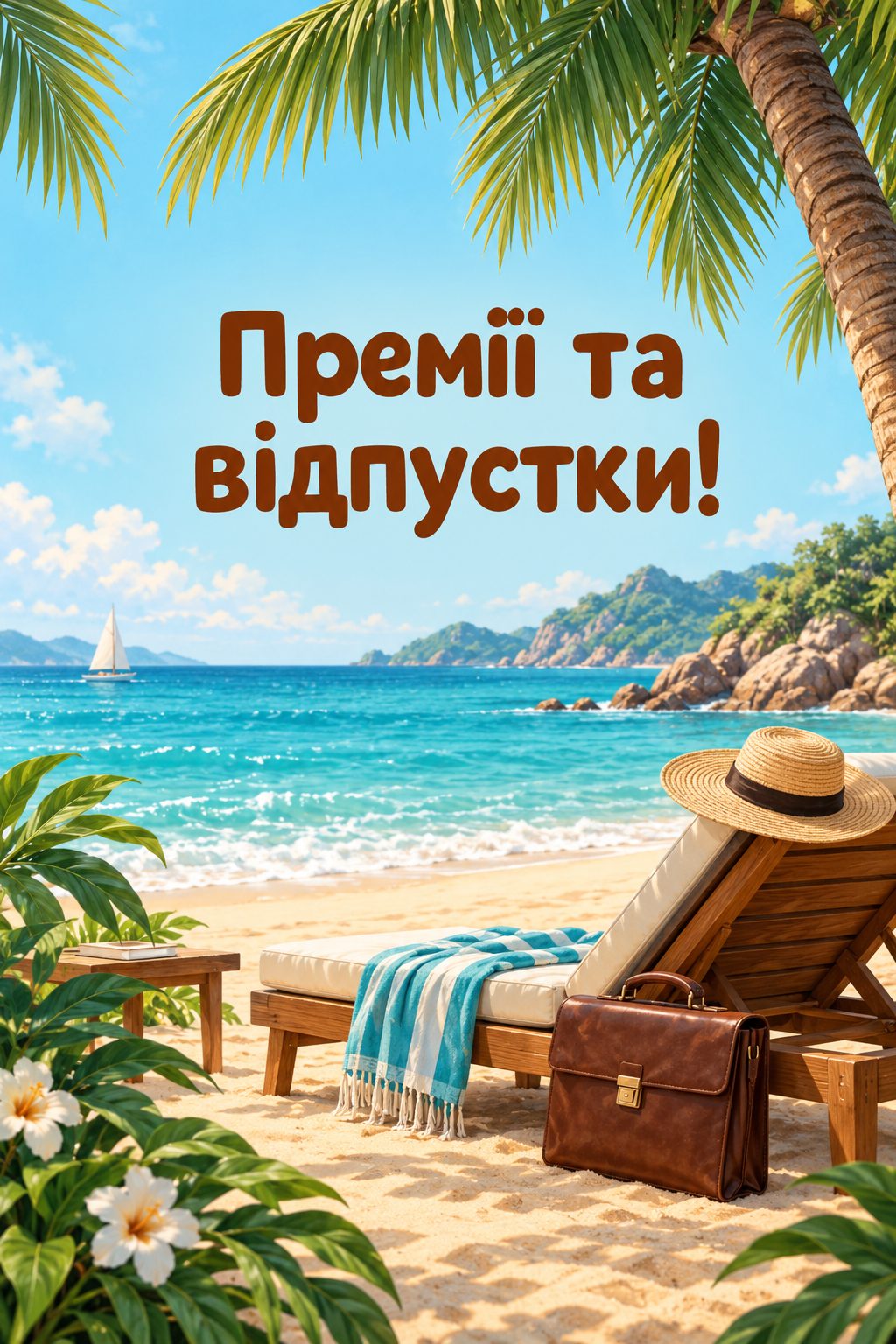 Листівка з днем народження колезі: шезлонг під пальмою й портфель на піску, напис «Премії та відпустки!»