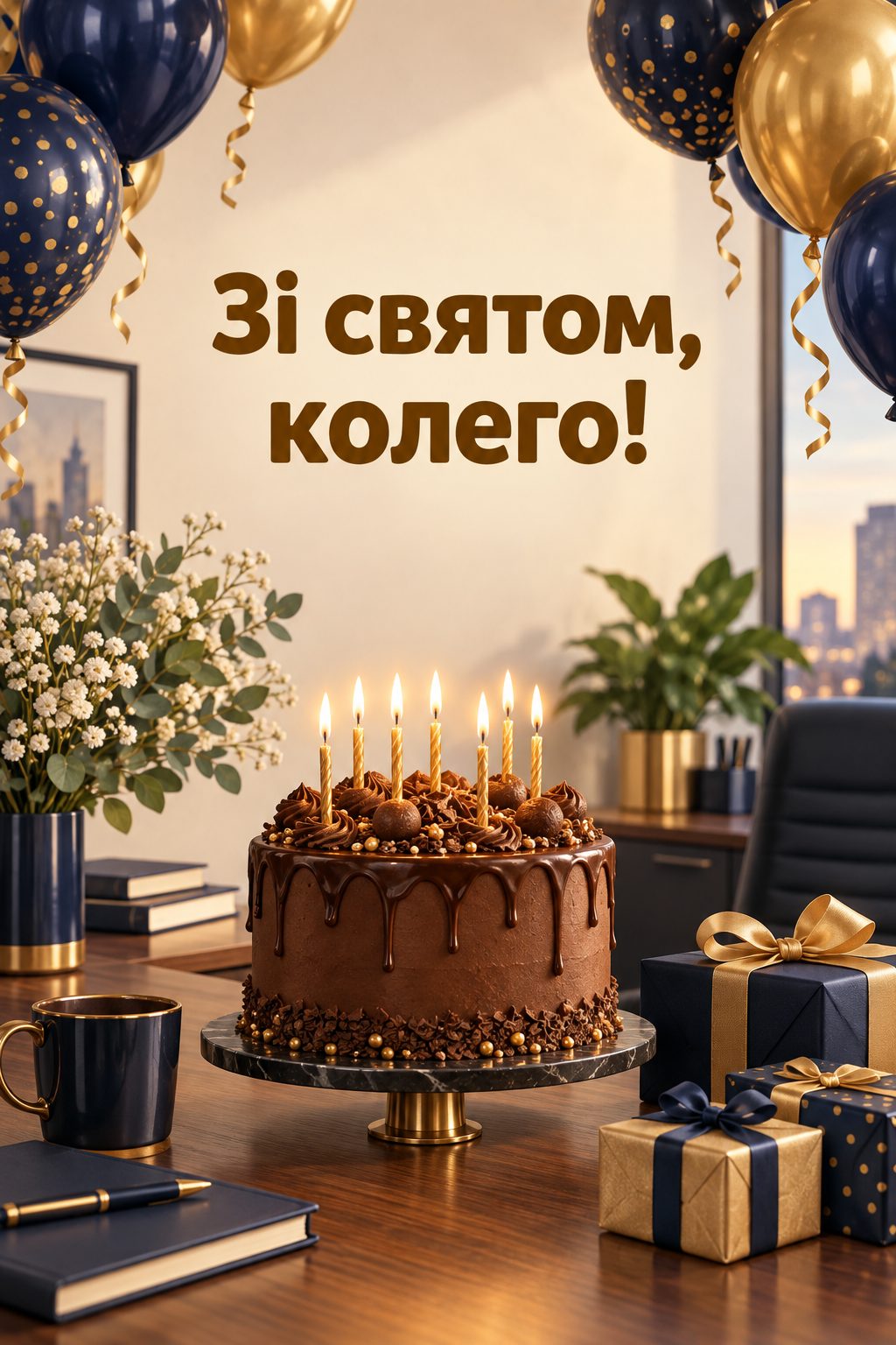 Листівка з днем народження колезі: шоколадний торт і сині та золоті кульки в офісі, напис «Зі святом, колего!»
