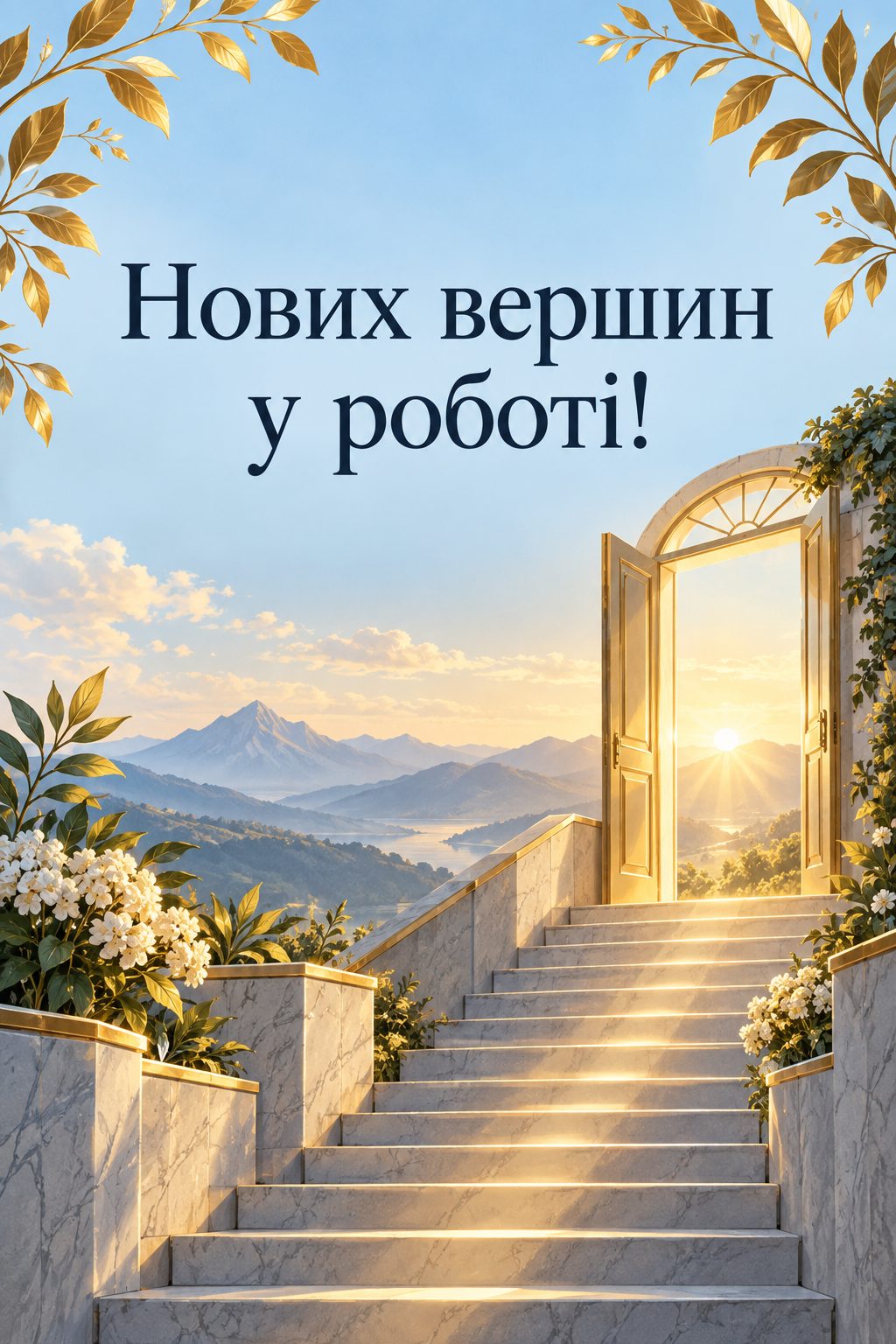 Листівка з днем народження колезі: сходи до відчинених дверей зі світлом, напис «Нових вершин у роботі!»